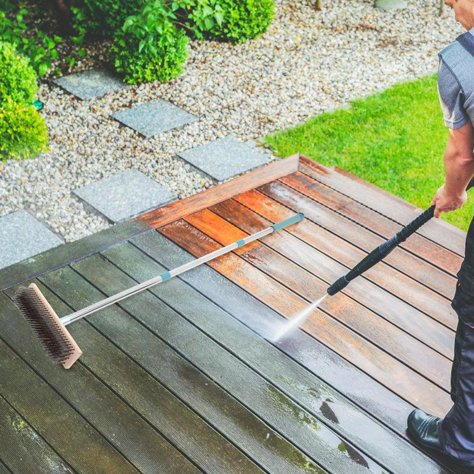 Hochleistungs Bodenschrubber mit Edelstahlbürste und Steifen Borsten Langer Griff 138cm für Stein Beton und Dachflächenreinigung im Garten und Garage