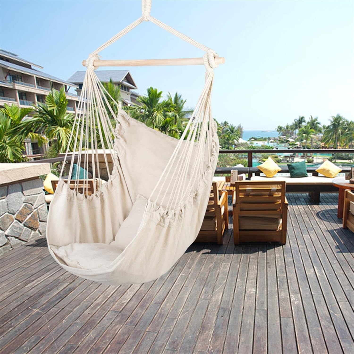 Hammock Chair Hanging Rope Swing, Distinctive Cotton Canvas Hanging Rope Chair with 2 Pillows for Yard, Bedroom, Porch, Indoor/Outdoor (Beige)