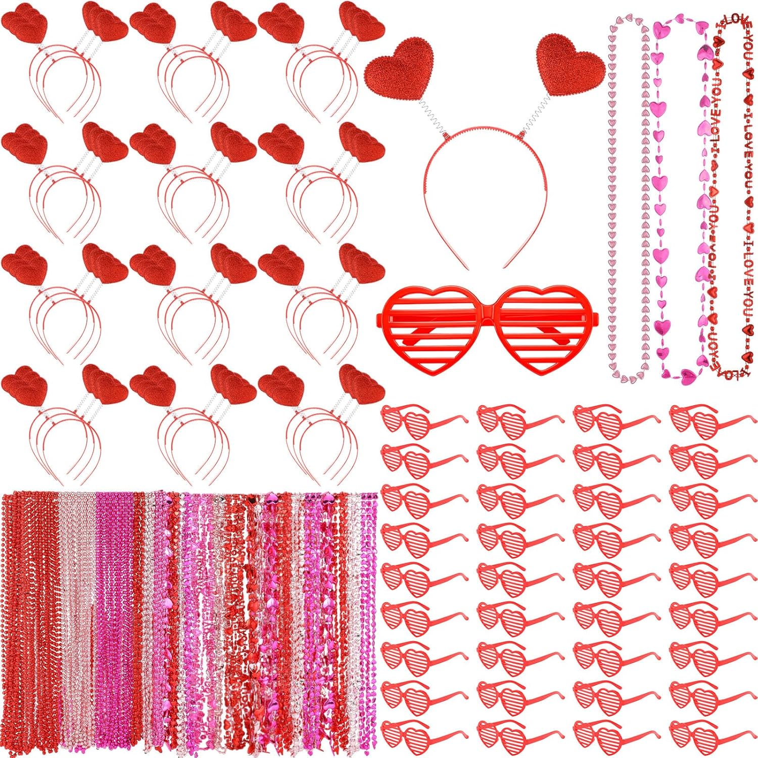 144 Pcs Valentine's Day Accessories Set 36 Heart Headbands Head Boppers 36 Heart Shape Sunglasses 72 Beads Necklace for Valentine Party Favors Costume Supply