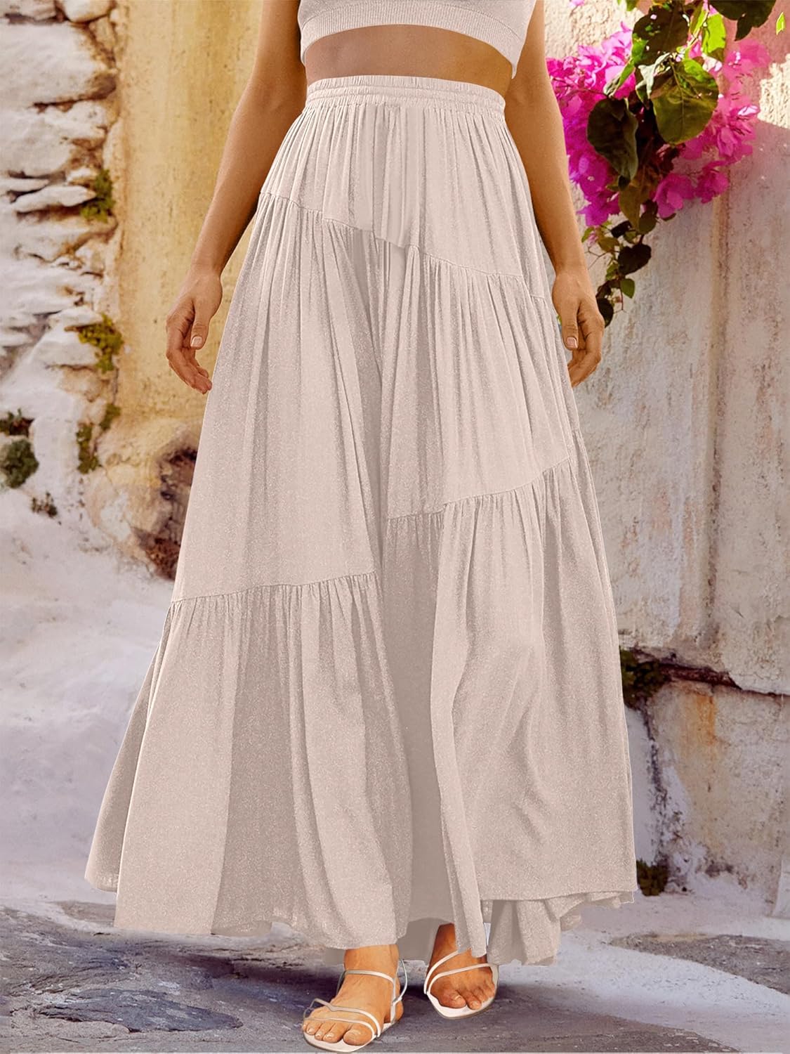 ANRABESS Women’s Boho Elastic High Waist Pleated A-Line Flowy Swing Asymmetric Tiered Maxi Long Skirt Dress with Pockets - Image 2