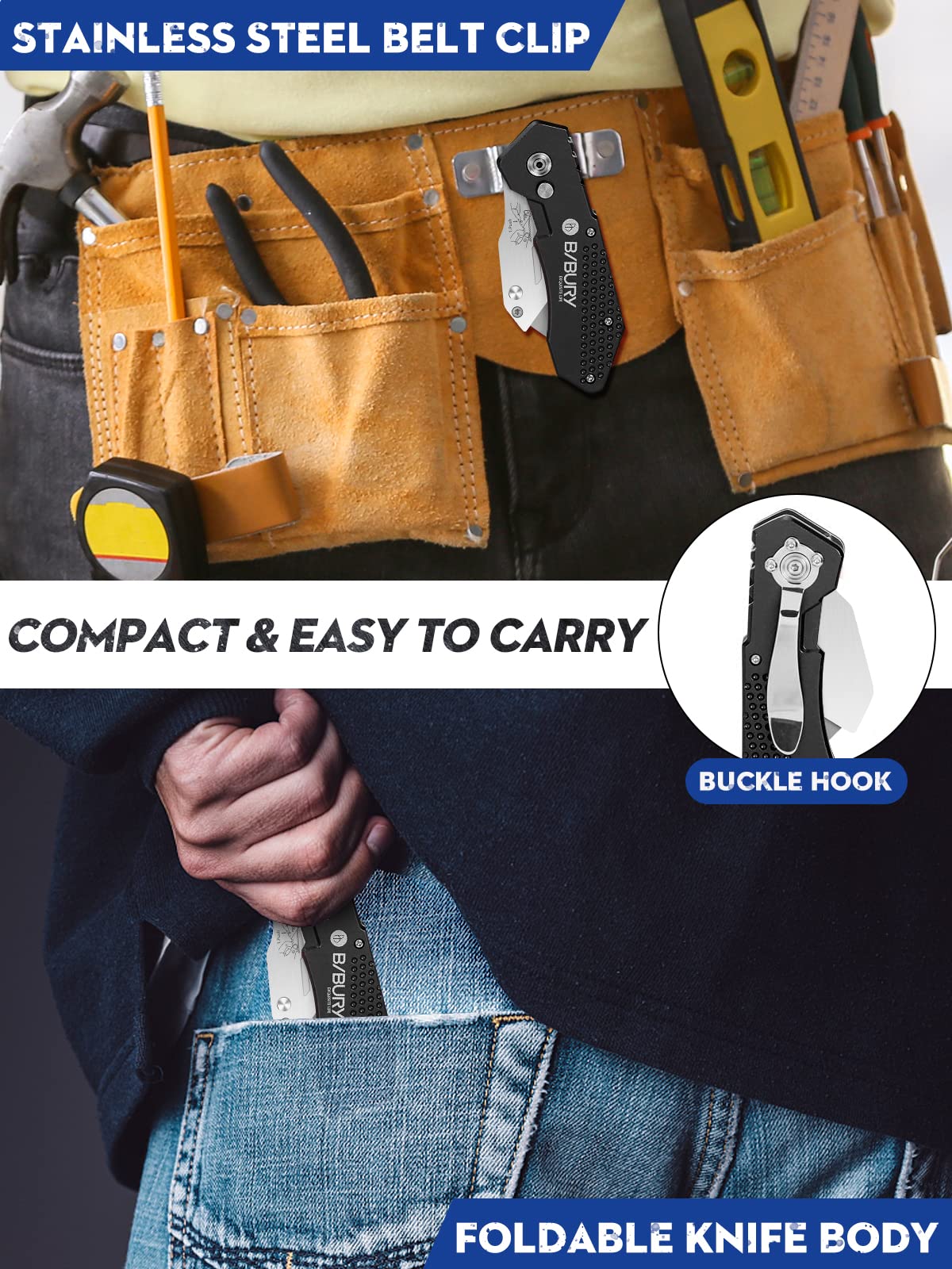 Buy Utility Knife, BIBURY Upgraded Version Heavy Duty Box Cutter, Pocket Carpet knife with 10