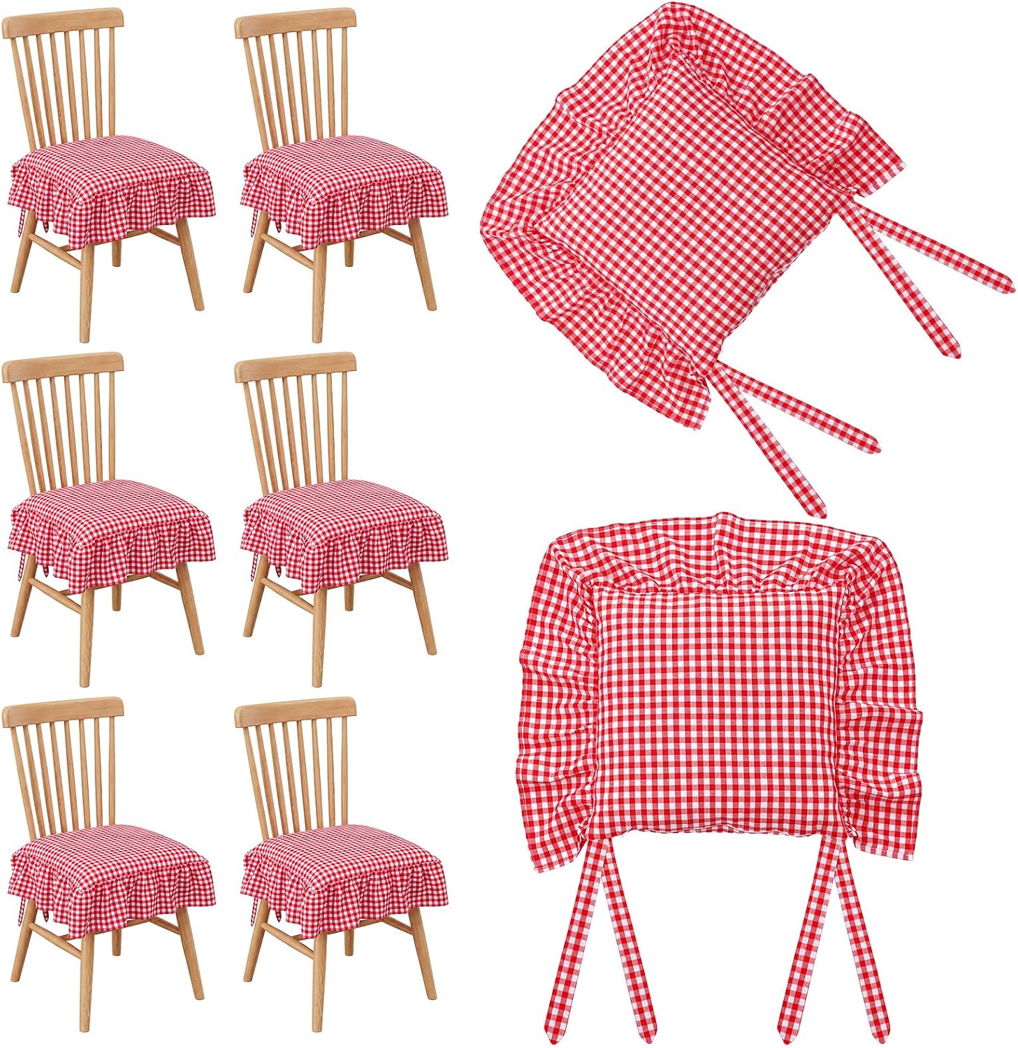 Irenare 6 Pcs Red Farmhouse Gingham Checkered Ruffled Chair Pad Slipcover (Covers Only), 17.7"x17.7" French Plaid No-Slip Seat Cushion Cover with Ties for Cottage Dining Kitchen Living Room Decor