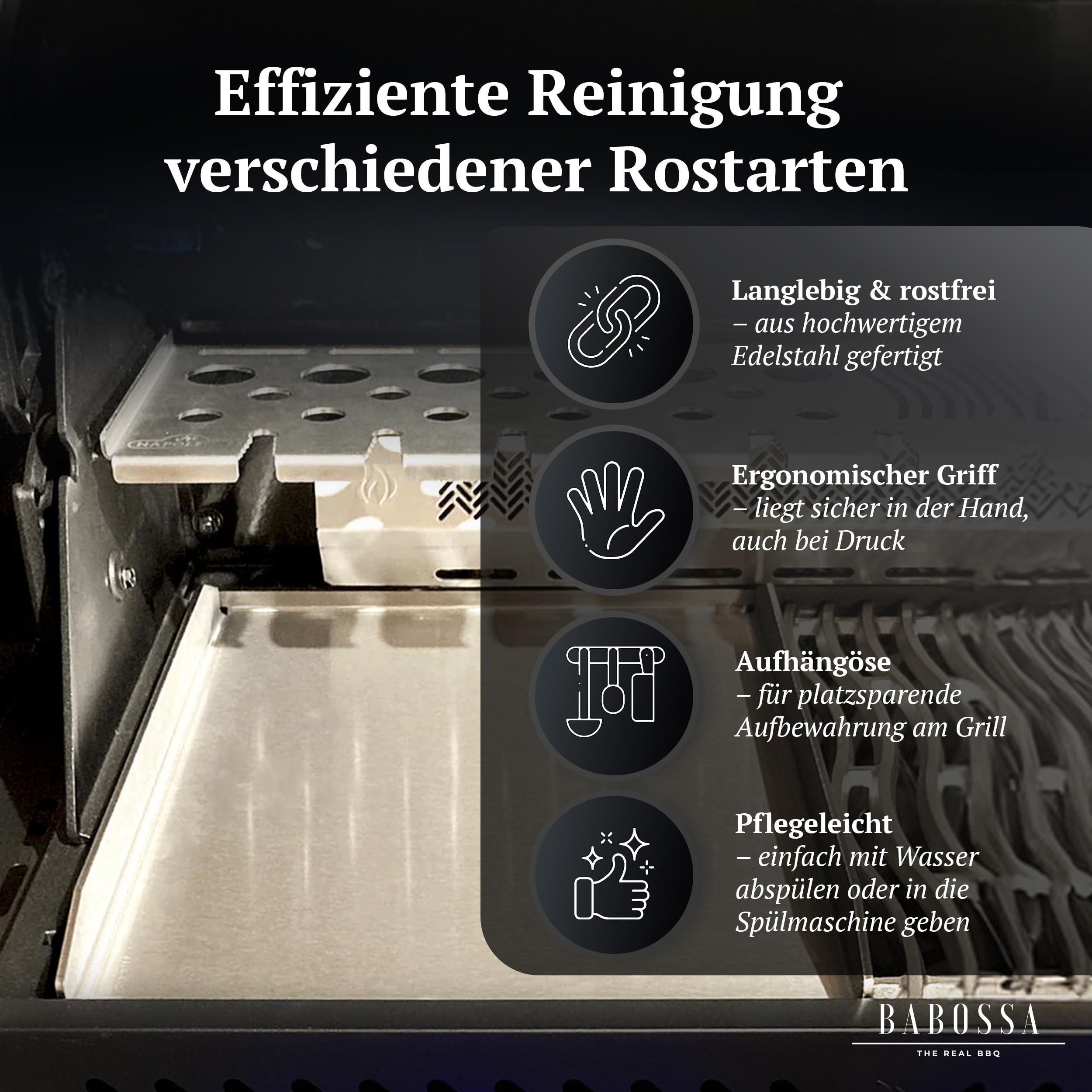 BABOSSA 3-in-1 Grillbürste Edelstahl – Multifunktionales Grillzubehör mit robusten Edelstahl Borsten, Schaber und Flaschenöffner – Für die einfache Reinigung von Planchas und Grillplatten