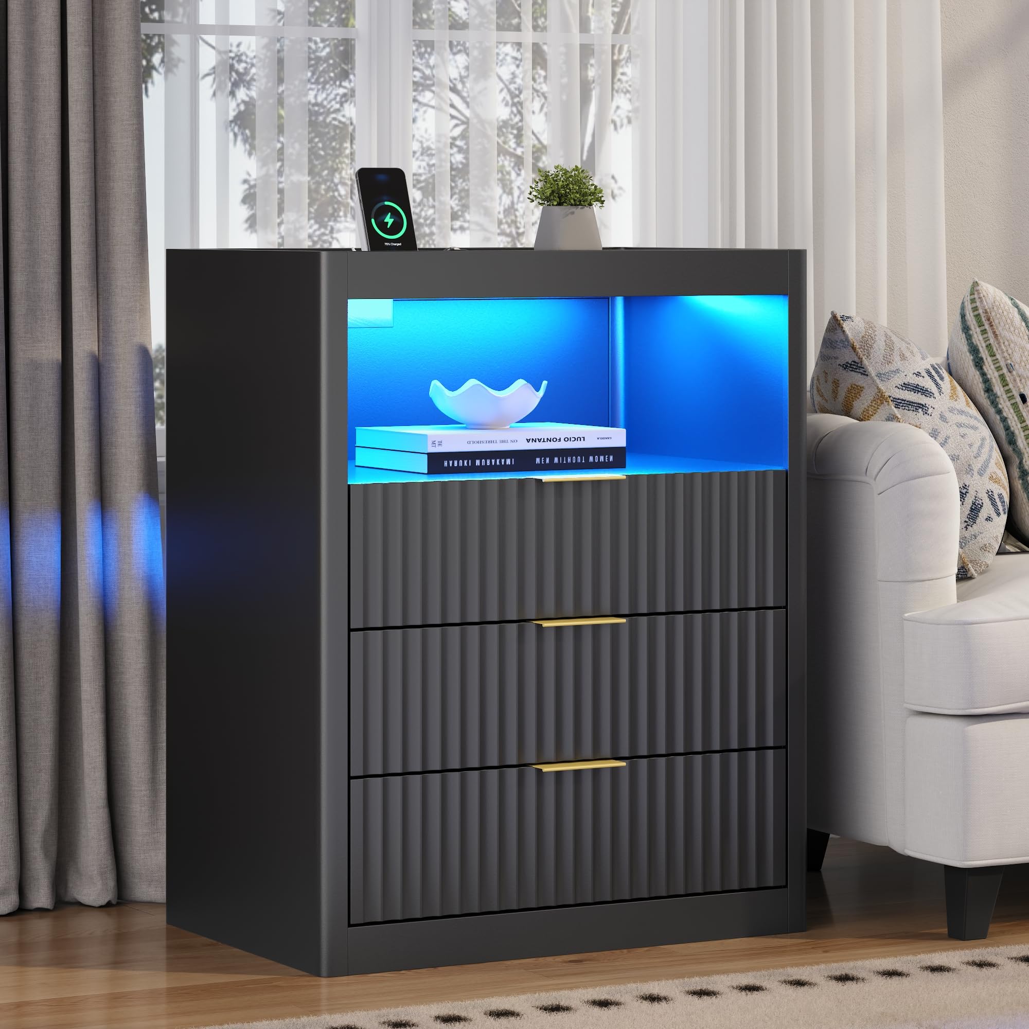 Extra große Nachttische mit Ladestation und LED-Beleuchtung, 75 x 60 x 40 cm Nachttisch mit 3 Schubladen und offenem Fach, Beistelltisch mit 2 USB-Anschlüsse für das Schlafzimmer (1)