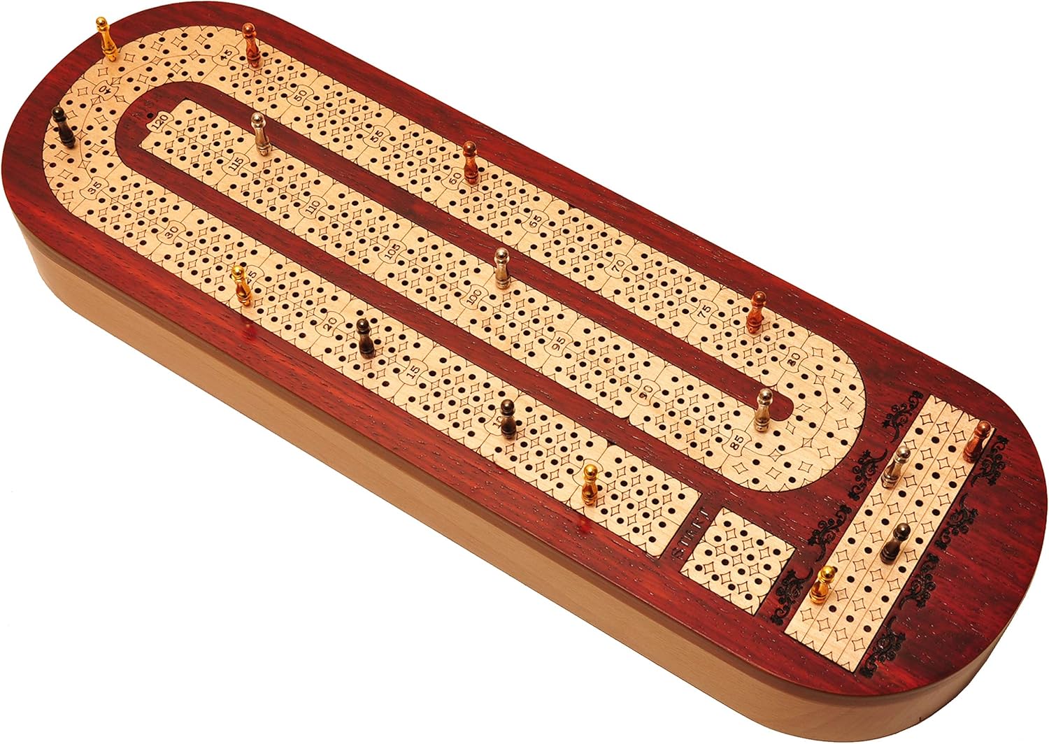 Palm Royal Handicrafts Continuous 4 Track Wooden Cribbage Board Made with Bloodwood and Maple Storage Available to Store pegs and Cards