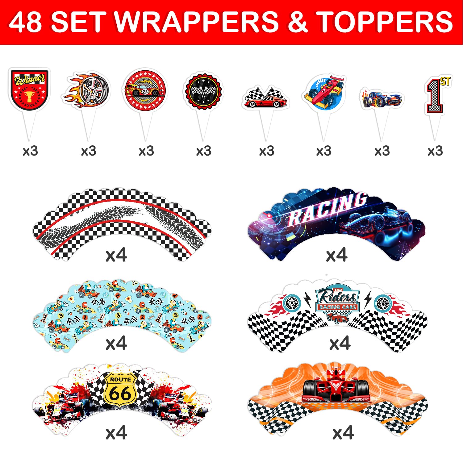 48PCS Race Car Themed Birthday Party Decorations | 24PCS Cupcake Toppers 24PCS Cupcake Wrappers Party Favors Supplies SuperCar Centerpiece Table Gifts for Boys Girls Carnival Prizes