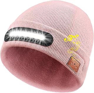 RANCOVY Gorro con Bluetooth con luz, gorro de punto musical con auriculares y micrófono de altavoz integrado, gorro LED con Bluetooth para hombres y mujeres, color rosa