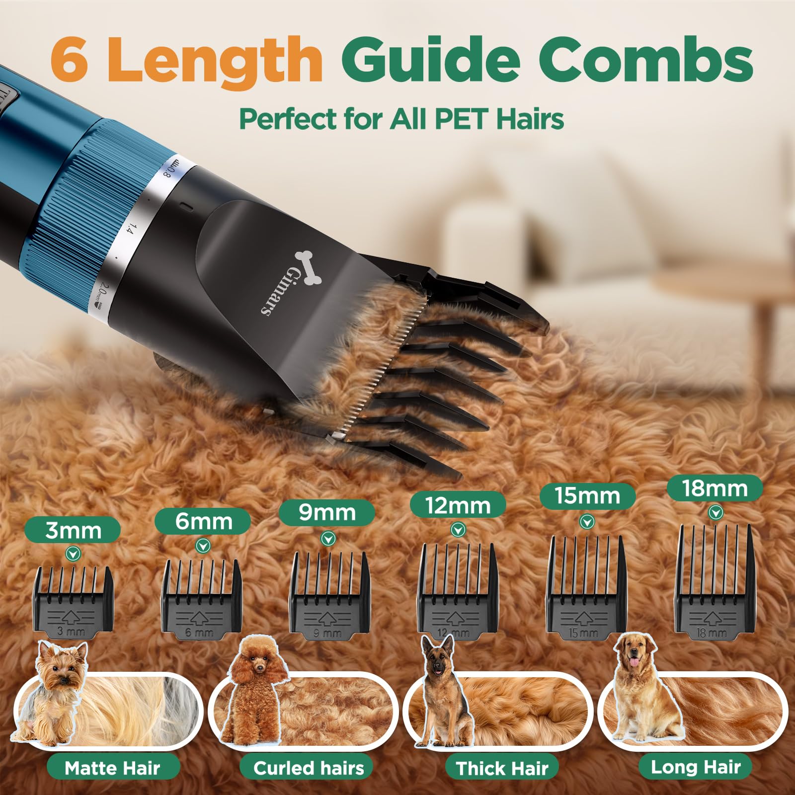 Gimars Tondeuse pour chien 4 en 1 7000 tr/min avec lame de rechange, sans fil et silencieuse, 55 dB, tondeuse professionnelle pour poils d'animaux, tondeuse à poils de chien et rasoir pour poils épais
