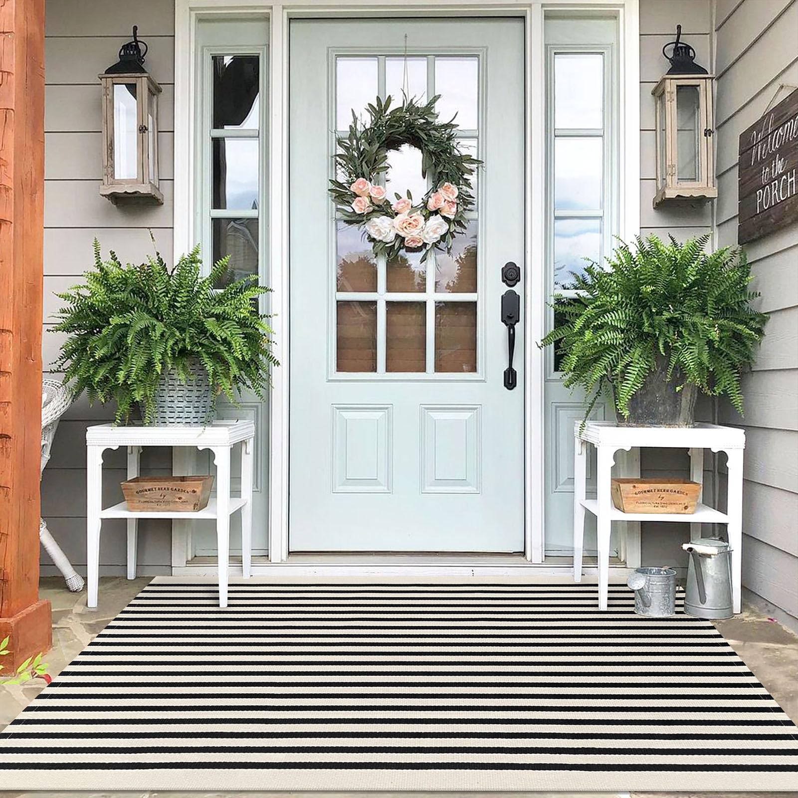 IOHOUZE Black Beige Striped Rug -4'x6' Front Door Rugs Outdoor, Washable Area Rug for Double Front Porch, Large Patio Rug Outdoor Indoor, Doormat for