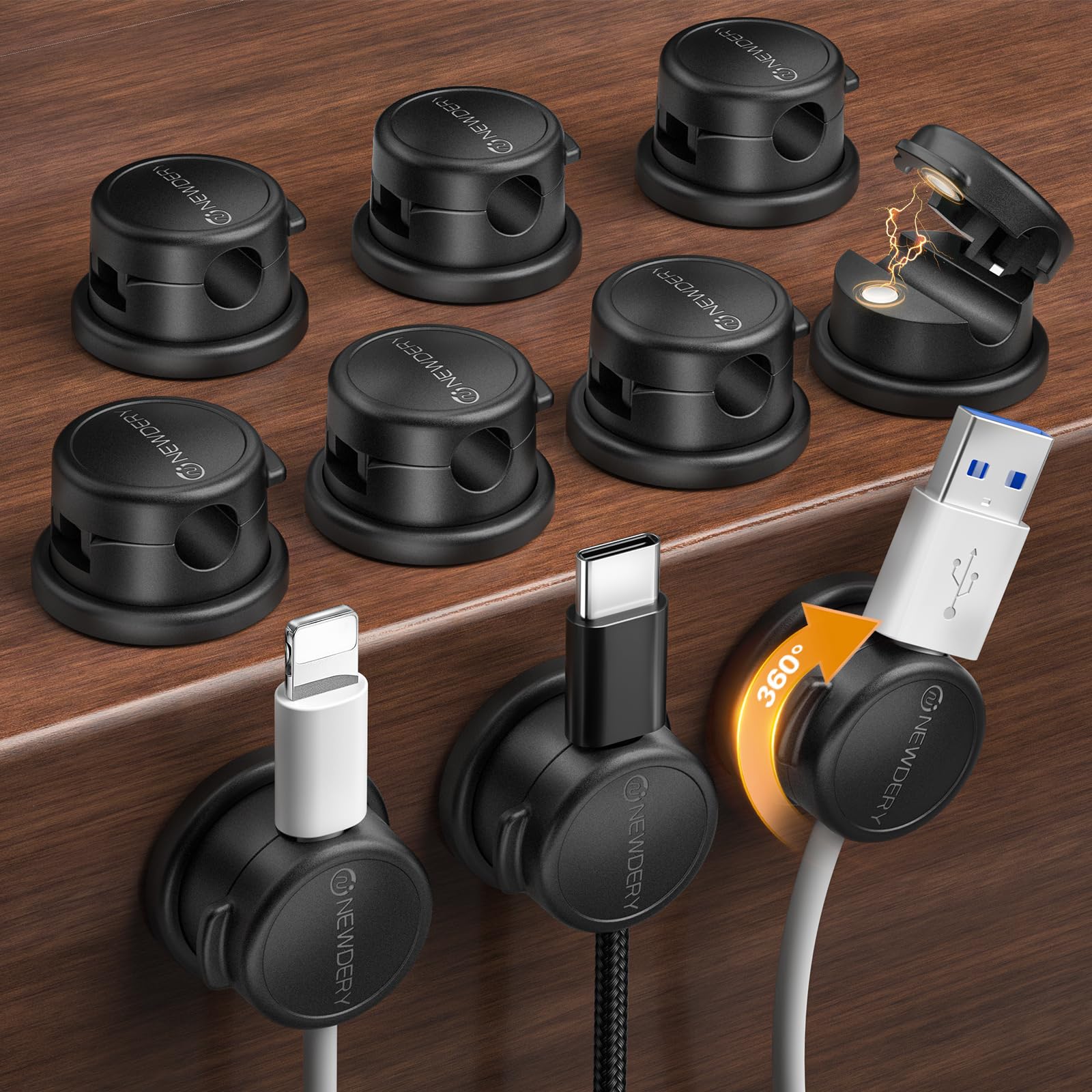 [360° Rotatable] Magnetic Cable Holder Clips 10 Pack Cord Management [1s Lock]