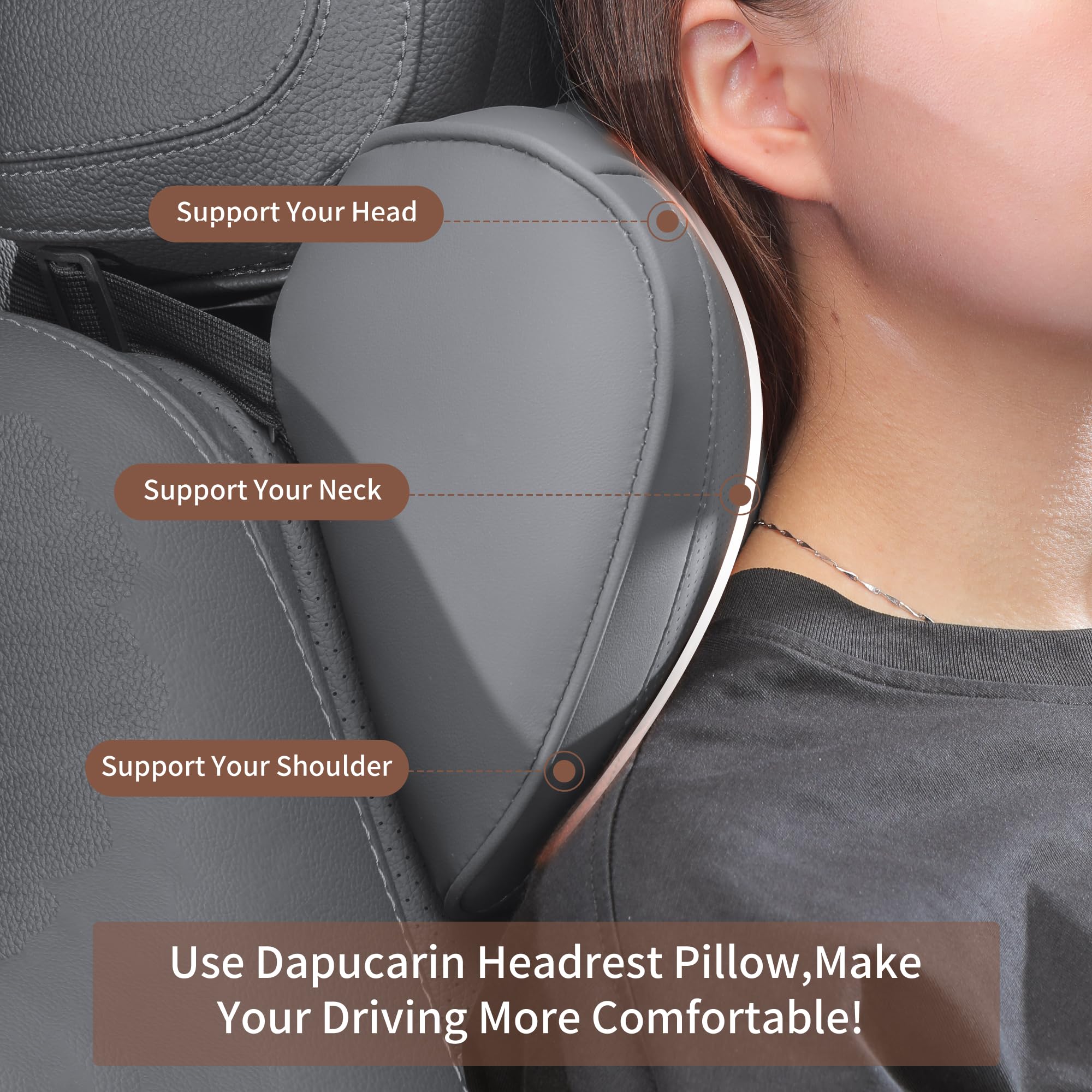 Cuscino Poggiatesta Auto Memory Foam in Pelle, Ergonomico Pillow Ortopedico per Collo per Cervicale, Supporto Testa Seggiolino Auto per Guida, Viaggi, Casa e Ufficio, Grigio, 1 Pezzo
