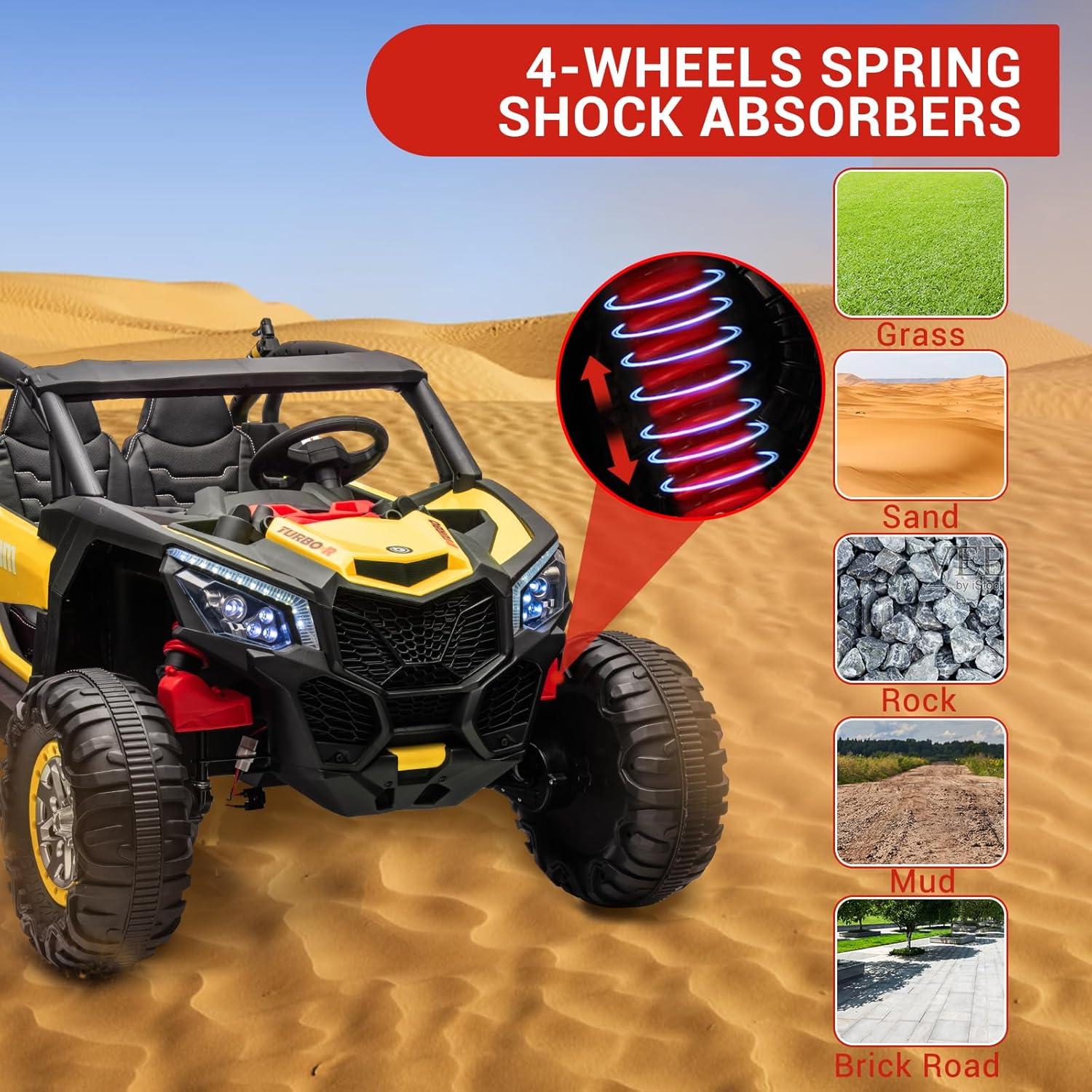 Garvee 24V Ride On UTV showing 4-wheel spring shock absorbers and suitability for various terrains.