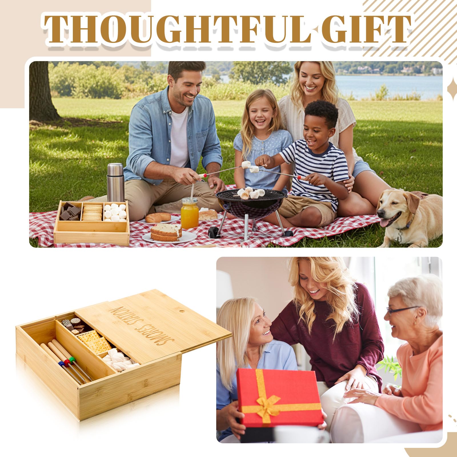 LemonRoad Smores Kits, caja de bambú S'mores Kit con tapa, 6 varillas extensibles para asar y bolsa de transporte, juego de utensilios de cocina portátiles de camping para fiesta de picnic al aire