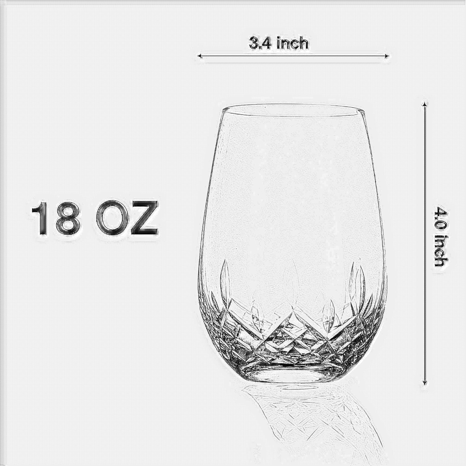 SHOSHIN - Hand Cut Stemless Wine Glass Set of 4, Large 18 oz Crystal Glass, Wine Tumblers for Red and White Wine, Water Glasses, Drinking Glasses