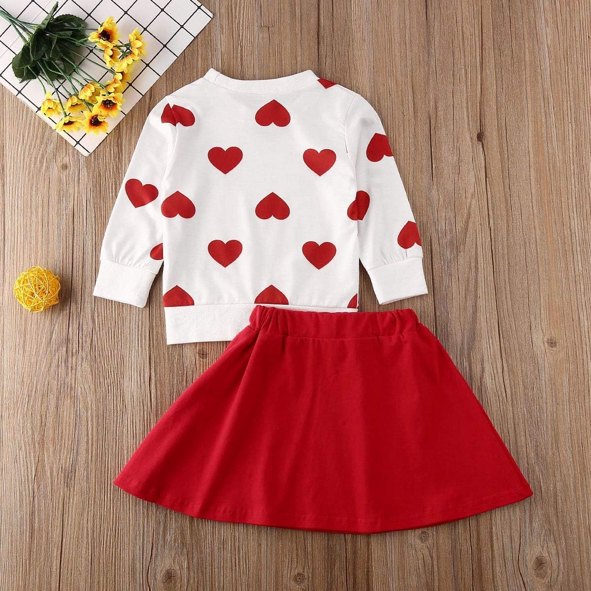Toddler Baby Girl Valentines Day Outfit Long Sleeve Red Heart Print Sweatshirt Skirt Clothes Set