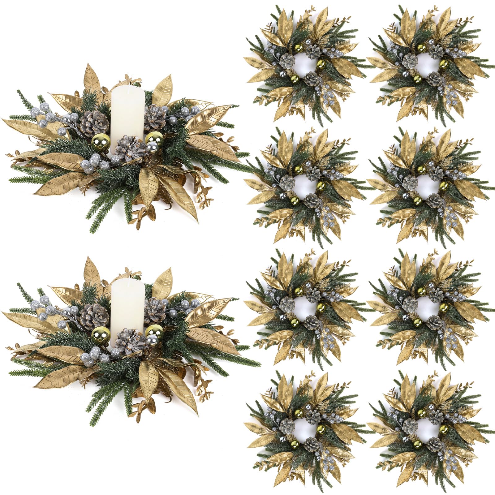8 Pcs Christmas Candle Rings Wreaths Artificial Pine Wreaths with Christmas Balls Golden Twigs and Silver Berries Candle Ring Holder for Xmas Winter Indoor Centerpiece Table Decorations