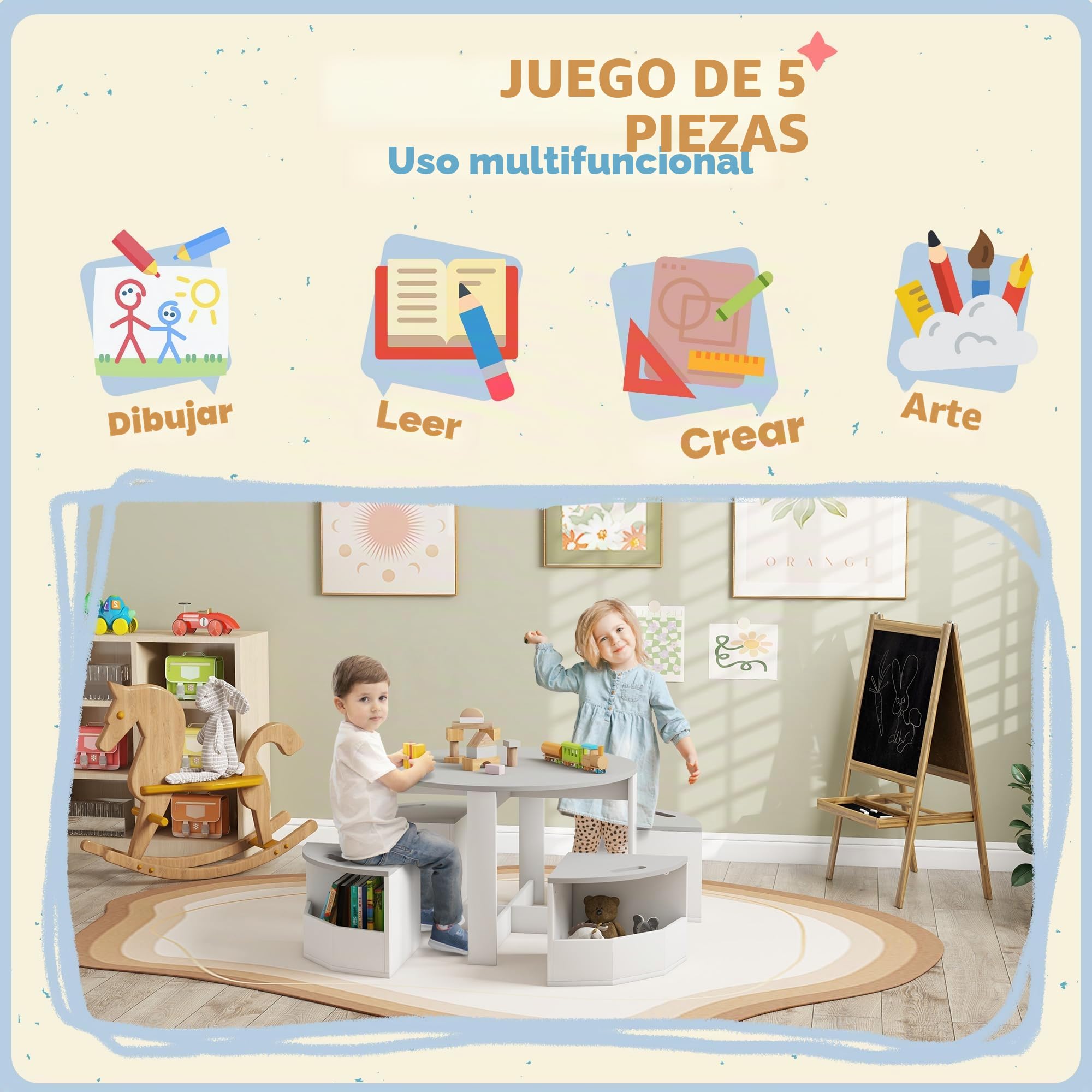 AIYAPLAY Juego Mesa y sillas con Almacenamiento niños, 3-8 años, Gris | Juego de mesa y sillas para niños de cinco piezas, actividad infantil