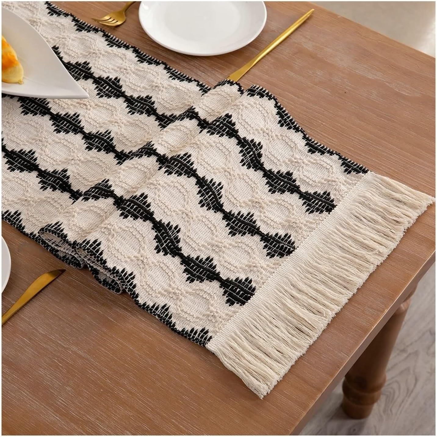Table Runner,12" x 130",Braided with Tassels Table Runners Linen Coffee Table Runner Black