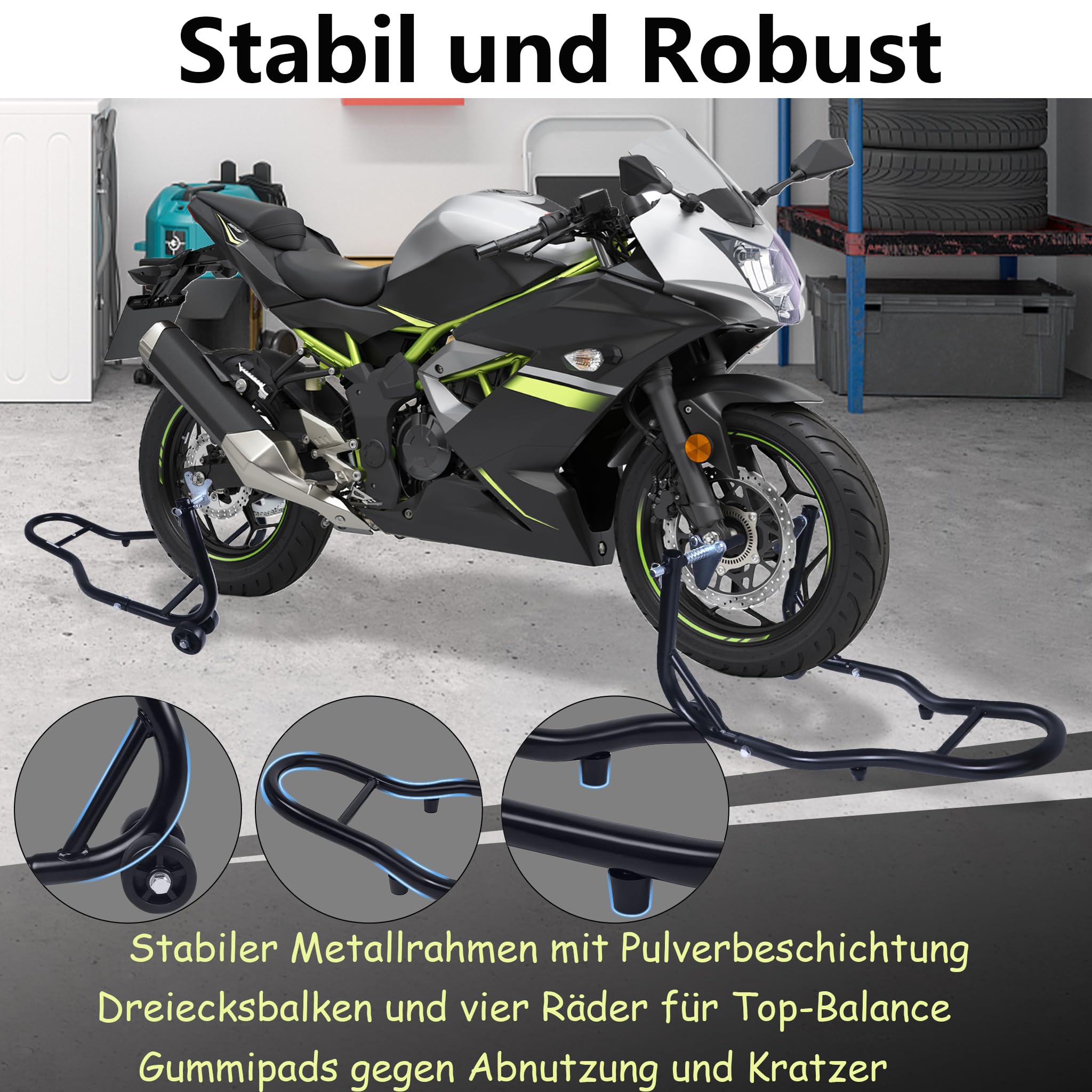 YRHome 2 Stück Motorradständer Vorne + Hinten Motorradheber Motorrad Ständer Motorrad Heber mit 4 Rollen Motorrad Hebebühne