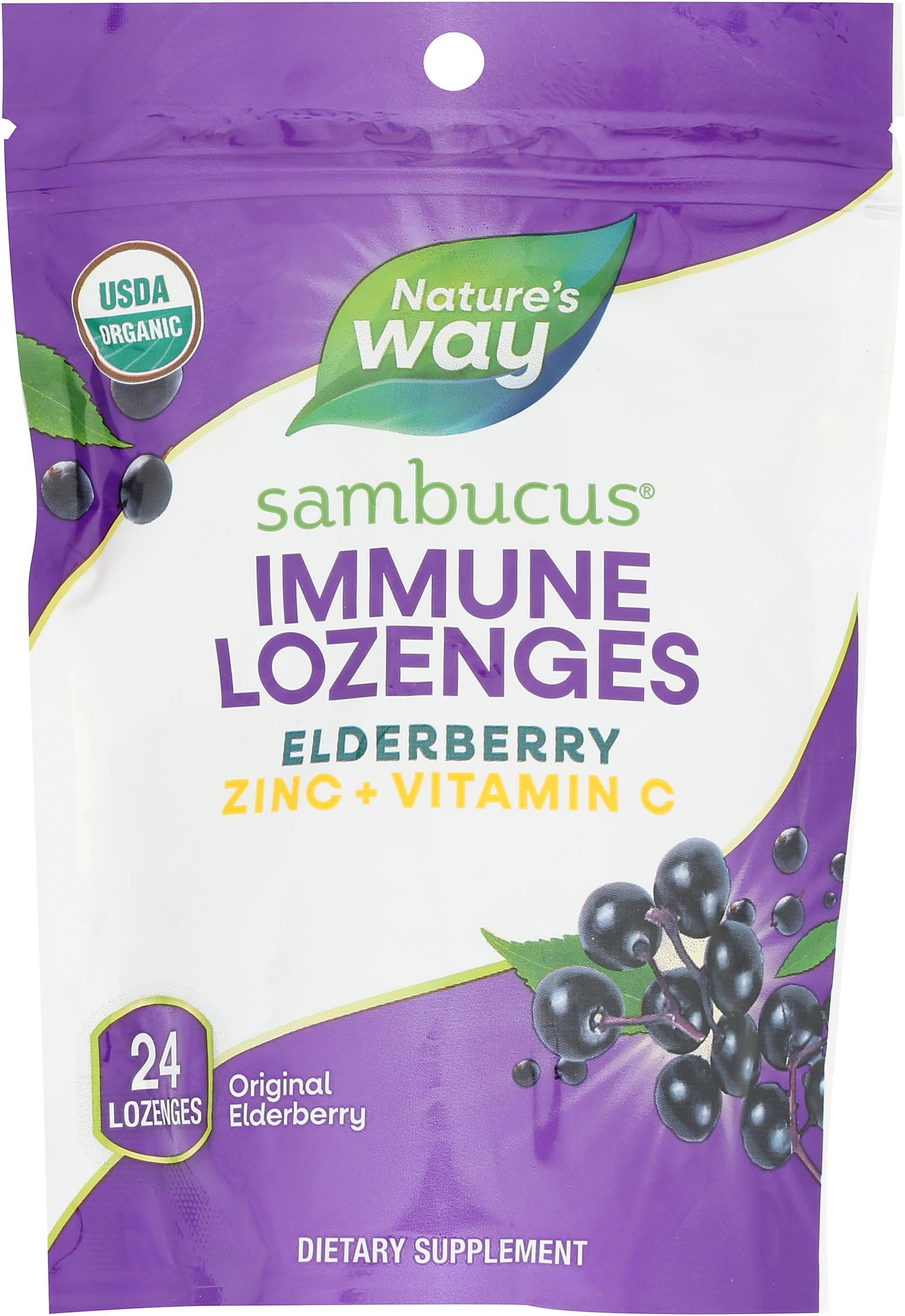 Nature's Way Sambucus Organic Zinc Lozenges, Elderberry and Zinc Lozenges with Vitamin C, Certified Organic, Berry Flavored, 24 Lozenges