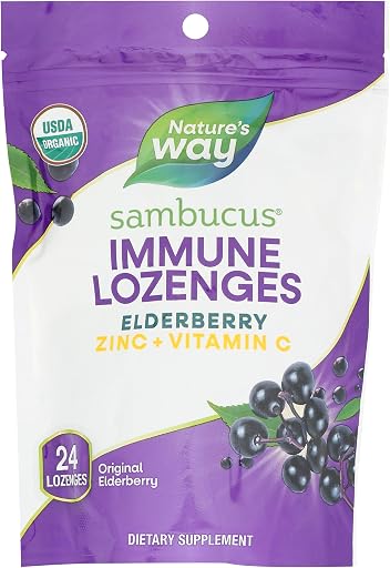 Nature's Way Sambucus Organic Zinc Lozenges, Elderberry and Zinc Lozenges with Vitamin C, Certified Organic, Berry Flavored, 24 Lozenges