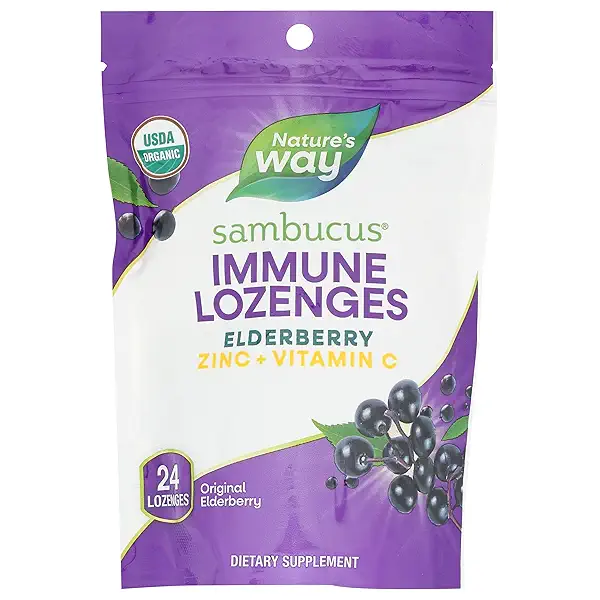 Nature's Way Sambucus Organic Zinc Lozenges, Elderberry and Zinc Lozenges with Vitamin C, Certified Organic, Berry Flavored, 24 Lozenges 1