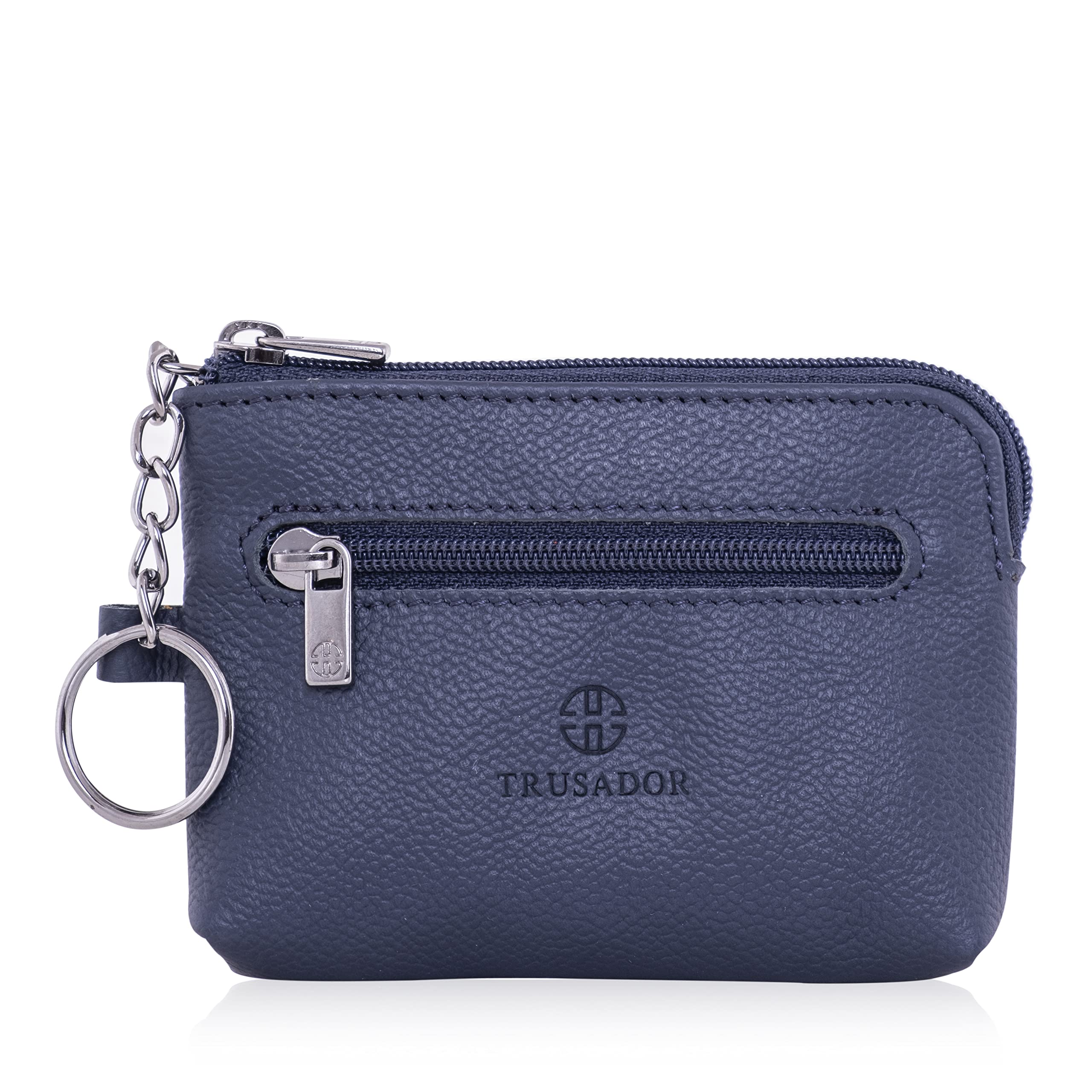 Trusador Milano Unisex Leather Front Pocket Wallet Coin Purse Zipper Pouch with Keychain (Navy)