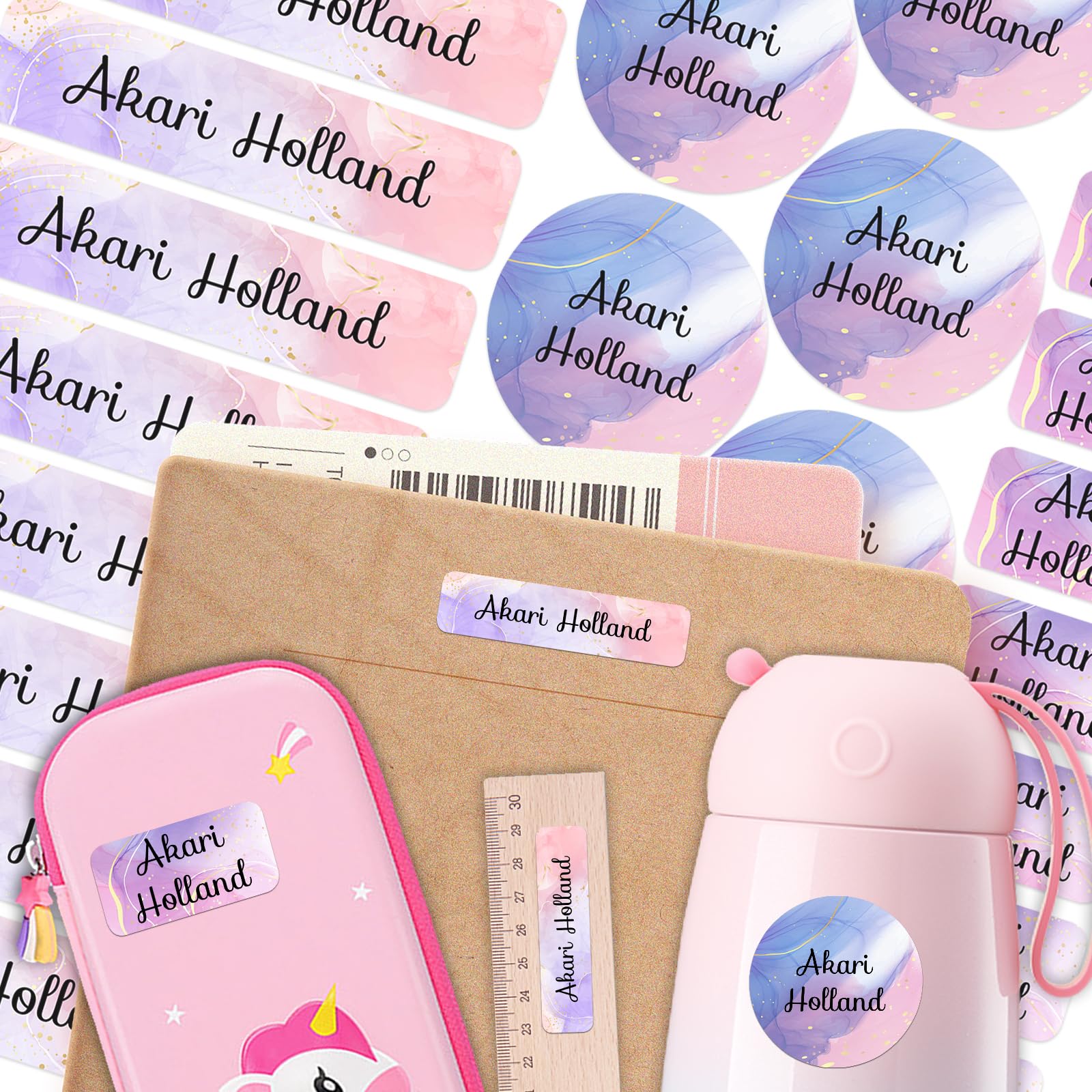 Name Stickers for Kids Personalized 105 Pcs Custom Labels Waterproof School Supplies Name Tag Stickers for Daycare Bottles Pencil Stationery-Marbling