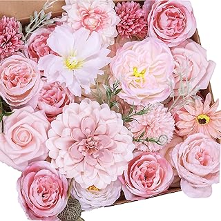 Roses Artificial Flowers Combo Pink Flower Bouquets Box with Stems for DIY Bridal Wedding Bouquets, Baby Shower Decorations Fake Floral Arrangements Table Centerpieces Home Decor Indoor