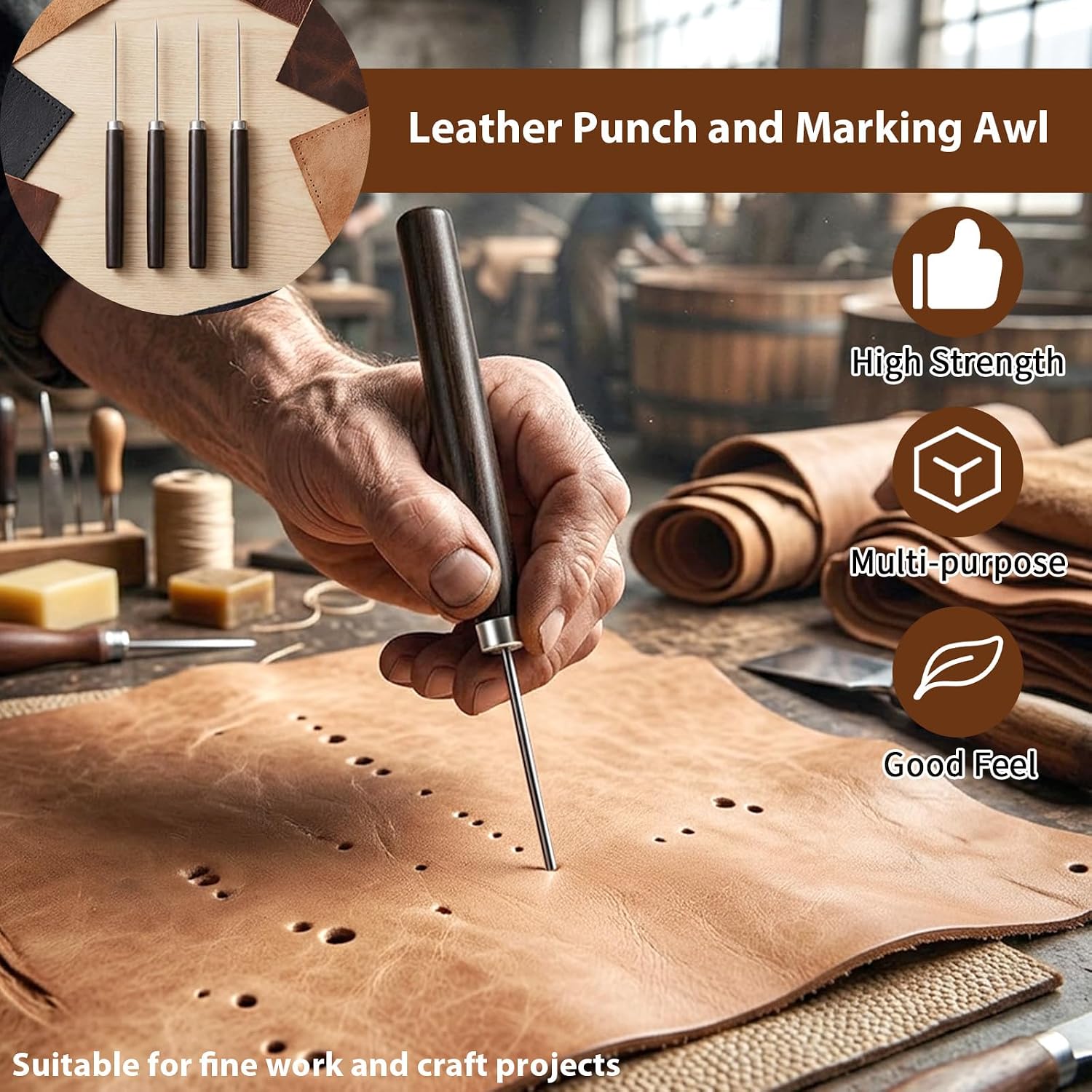 4 Pcs Scratch Awl Tool, with Wooden Handle, Leather Awl for Punching Stitching Sewing, Tailors Awls Repair Tool for Leather Craft Shoe Repair