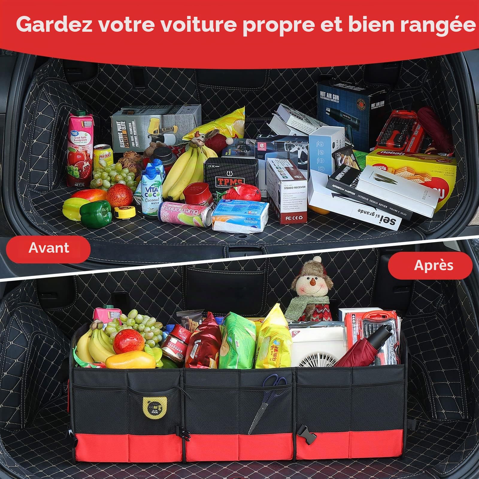 XXL Rangement Coffre, Multi-compartiments Organisateur De Coffre, Tissu Oxford 1680D, Pliable, Rouge