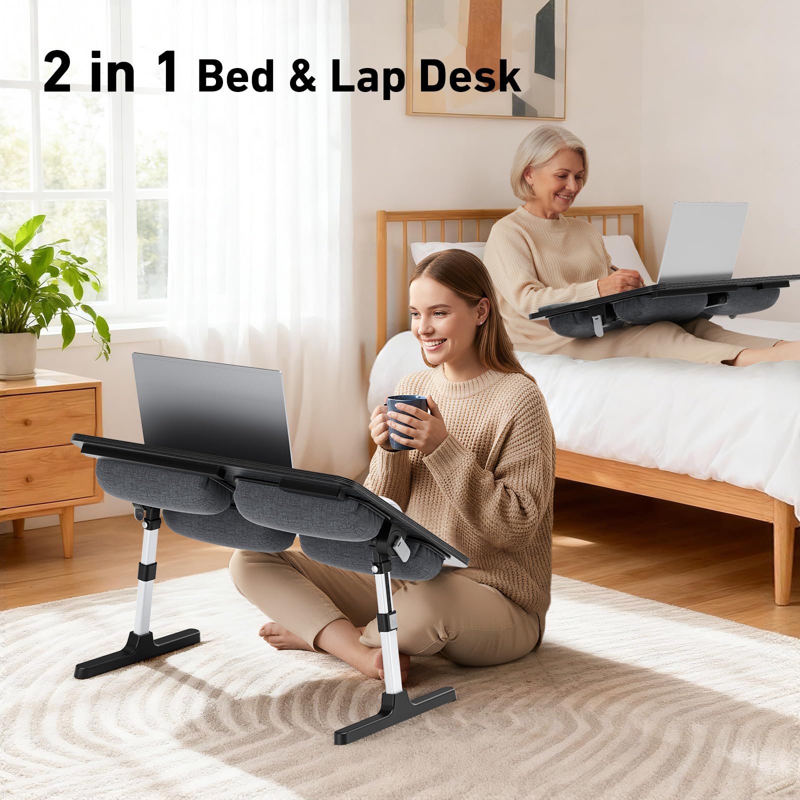Tavolo da letto 2 in 1 & Lap Desk – Imbottitura morbida regolabile in altezza e inclinazione, pieghevole con poggiapolsi, supporto per tablet, fermaporli e tavolo per computer portatile in pelle