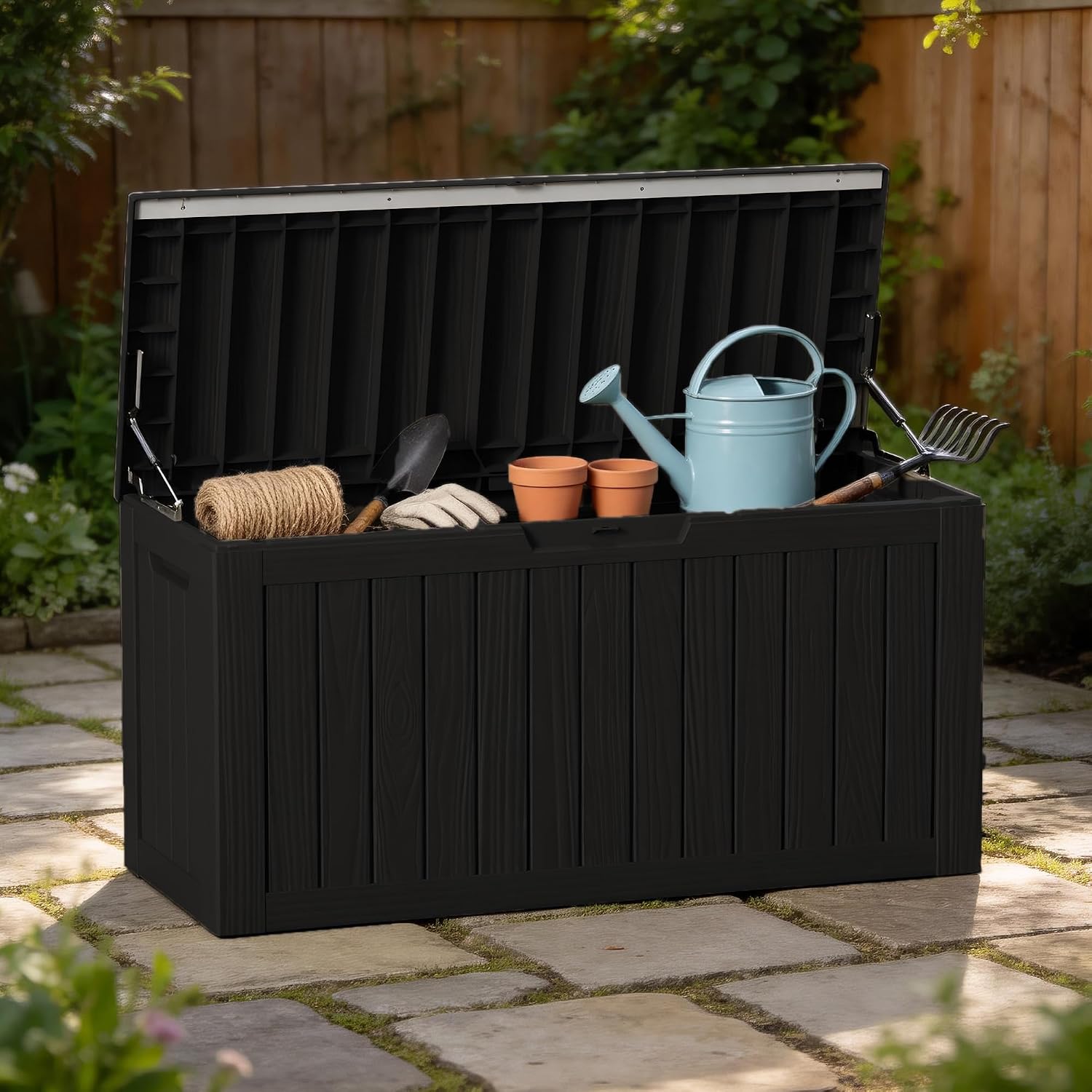 85 Gallon Outdoor Storage Box Waterproof, Large Deck Box Durable Resin Storage Bin with Lid for Patio Furniture Cushions Garden Tools (Black, 85 Gallon)