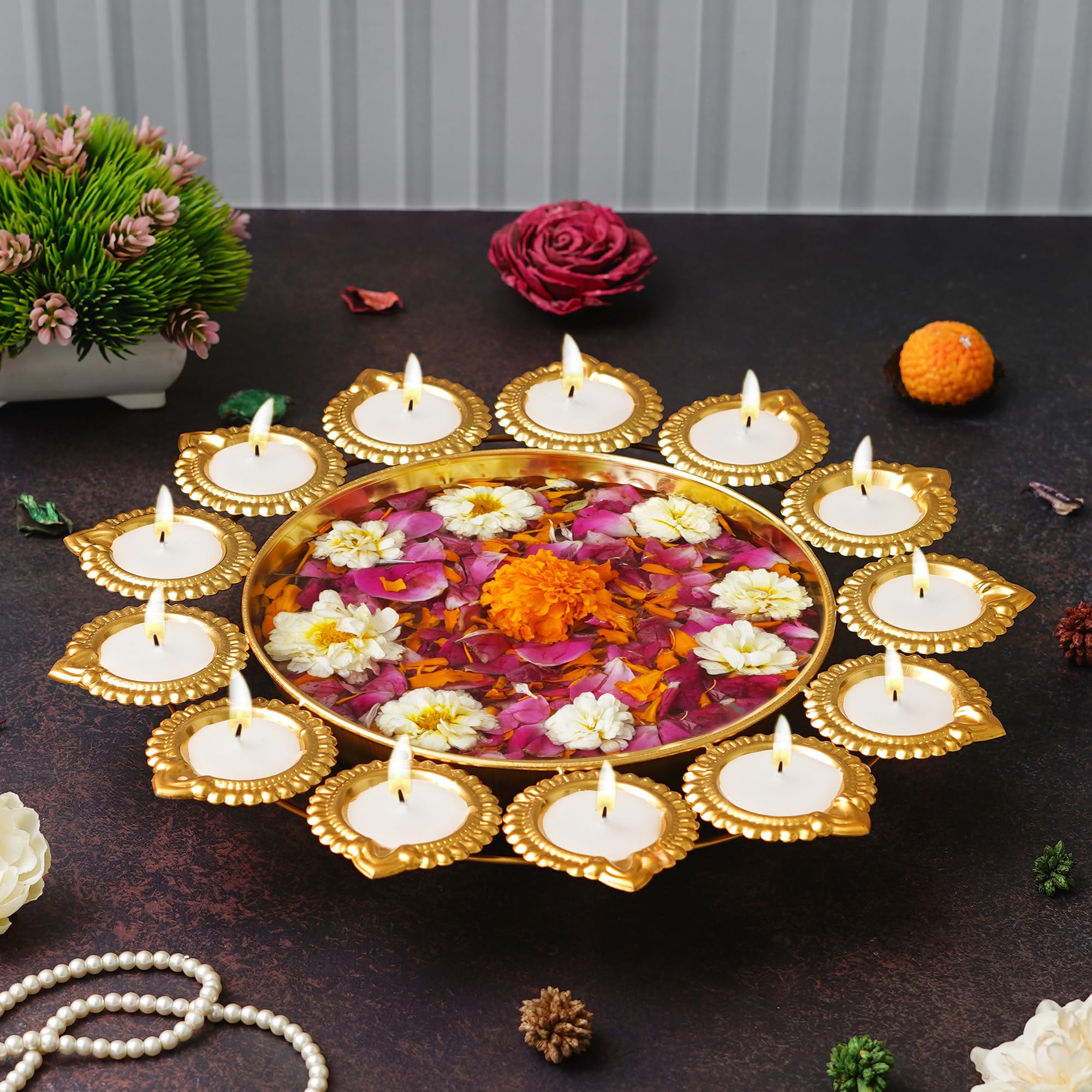 Webelkart Premium Diya Shape Gold Plated Decorative Urli Bowl with Wax Candle for Home Decor Handcrafted Bowl Diwali Decor Item (14.17 Inches) (B0DG8YZLZ7) Amazon Price History, Amazon Price Tracker