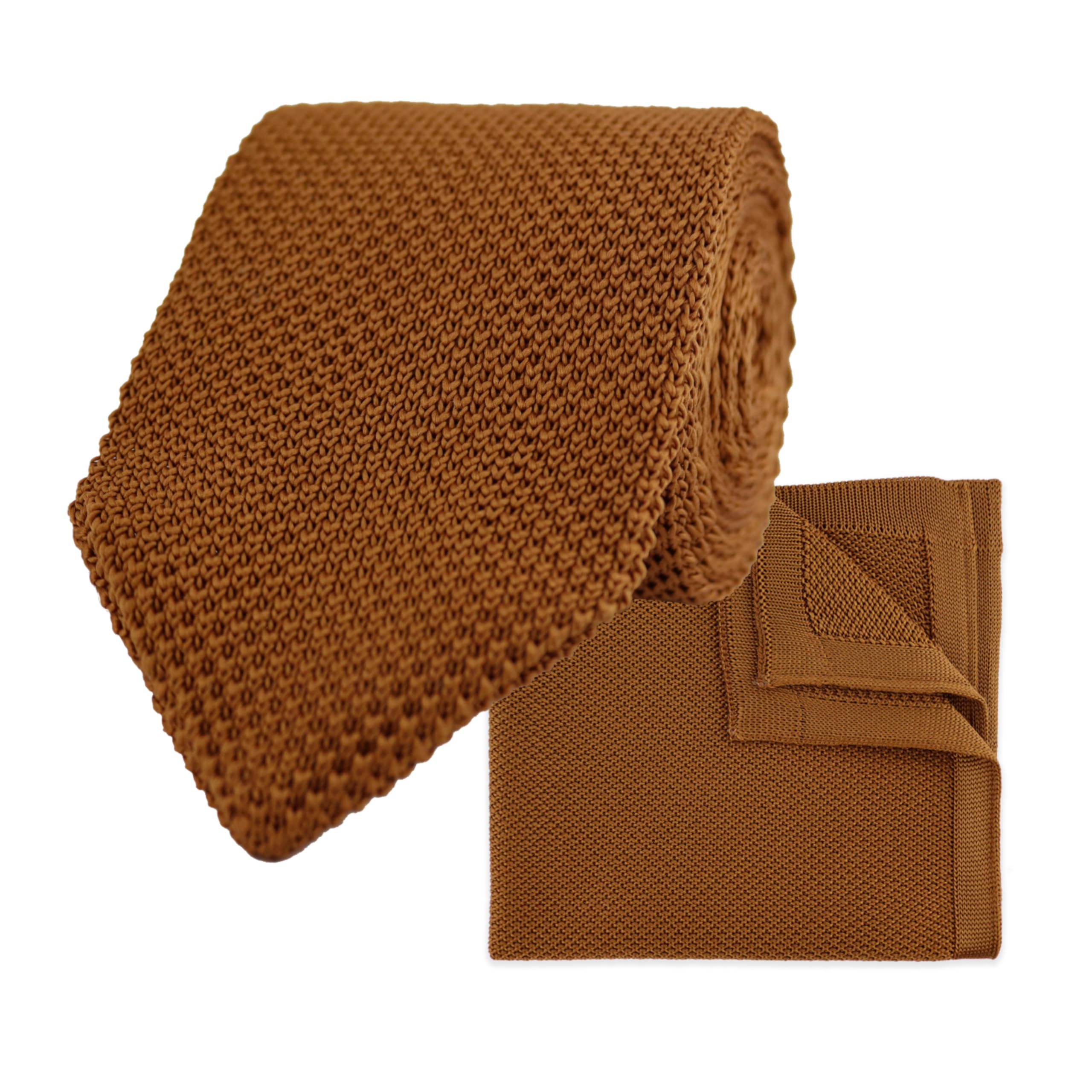 THE GENTS LAB 100% Polyester Diamond End Knitted Tie & Pocket Square Sets - Many Colours (Caramel Brown)