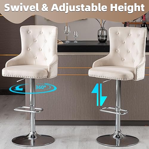 Miniatura 4 de Juego de 2 taburetes de bar, taburetes de bar giratorios de terciopelo ajustable en altura de mostrador con reposapiés, acolchado suave tapizado con