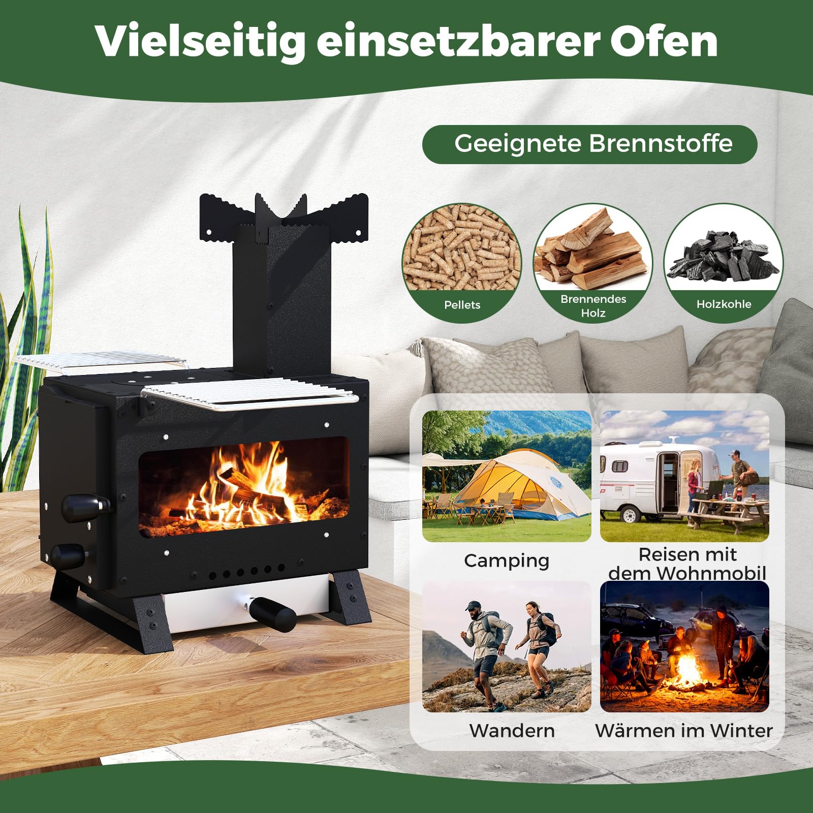 GYMAX Holzofen, tragbarer Campingofen mit hitzebeständigem Glasfenster, Grillrost & Topfhalter, Zeltofen für Outdoor-Kochen, BBQ, Picknick, 54 x 36 x 44 cm