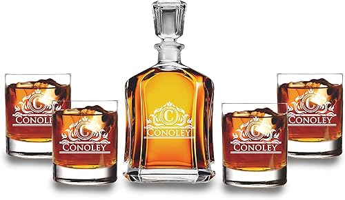 Juego de decantador de licor grabado personalizado, decantador de whisky bourbon, personalizado con diseño redondo, juego de decantador y 4 vasos
