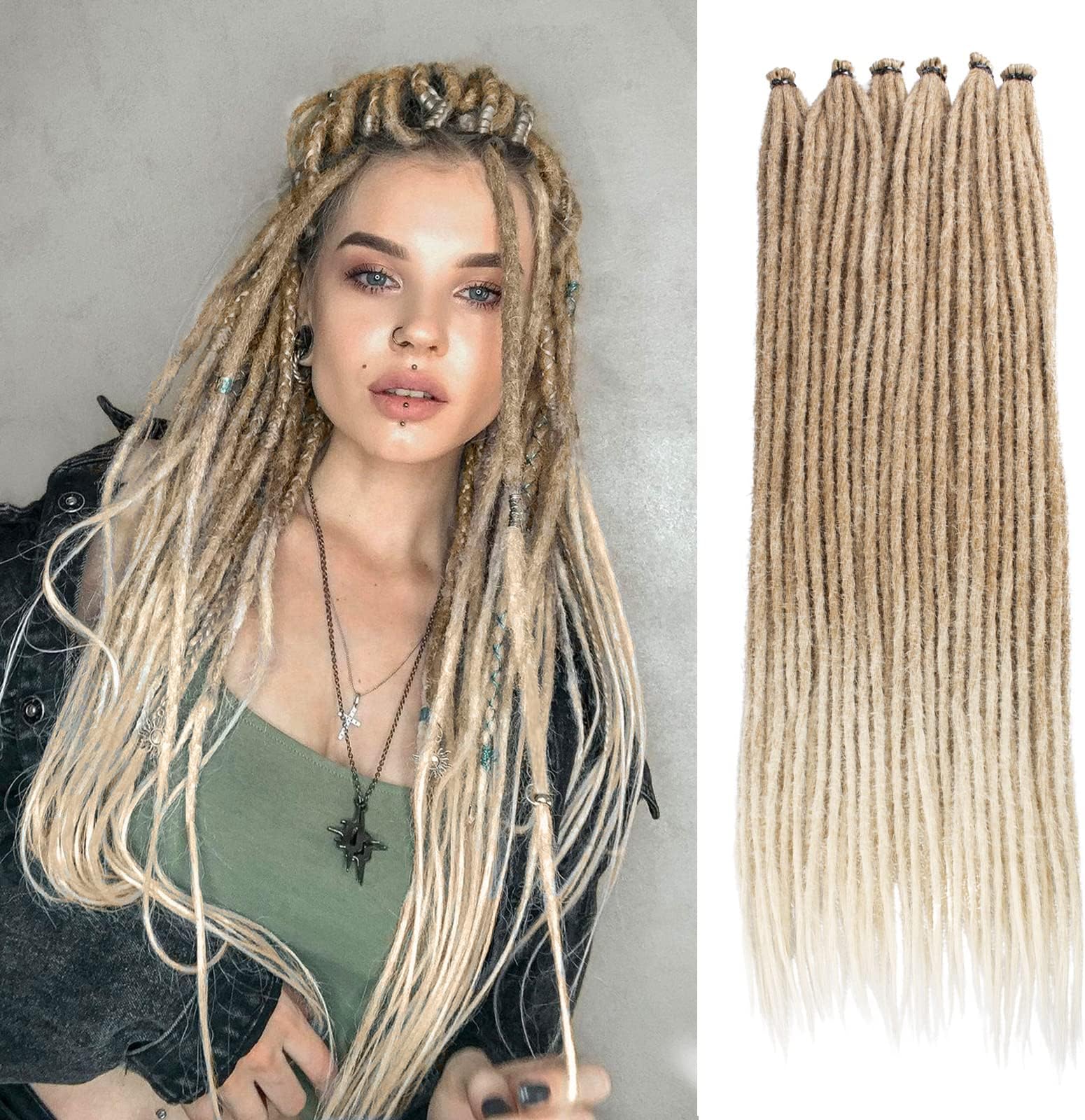 Leeven 40 Strands Thin Synthetic Dreads Extensions 24 Inch Ombre Blonde SE Hippie Dreadlock 0.6 cm Width Loc Extensions Handmade Reggae Style Crochet Braiding Hair for Women and Men #27/613