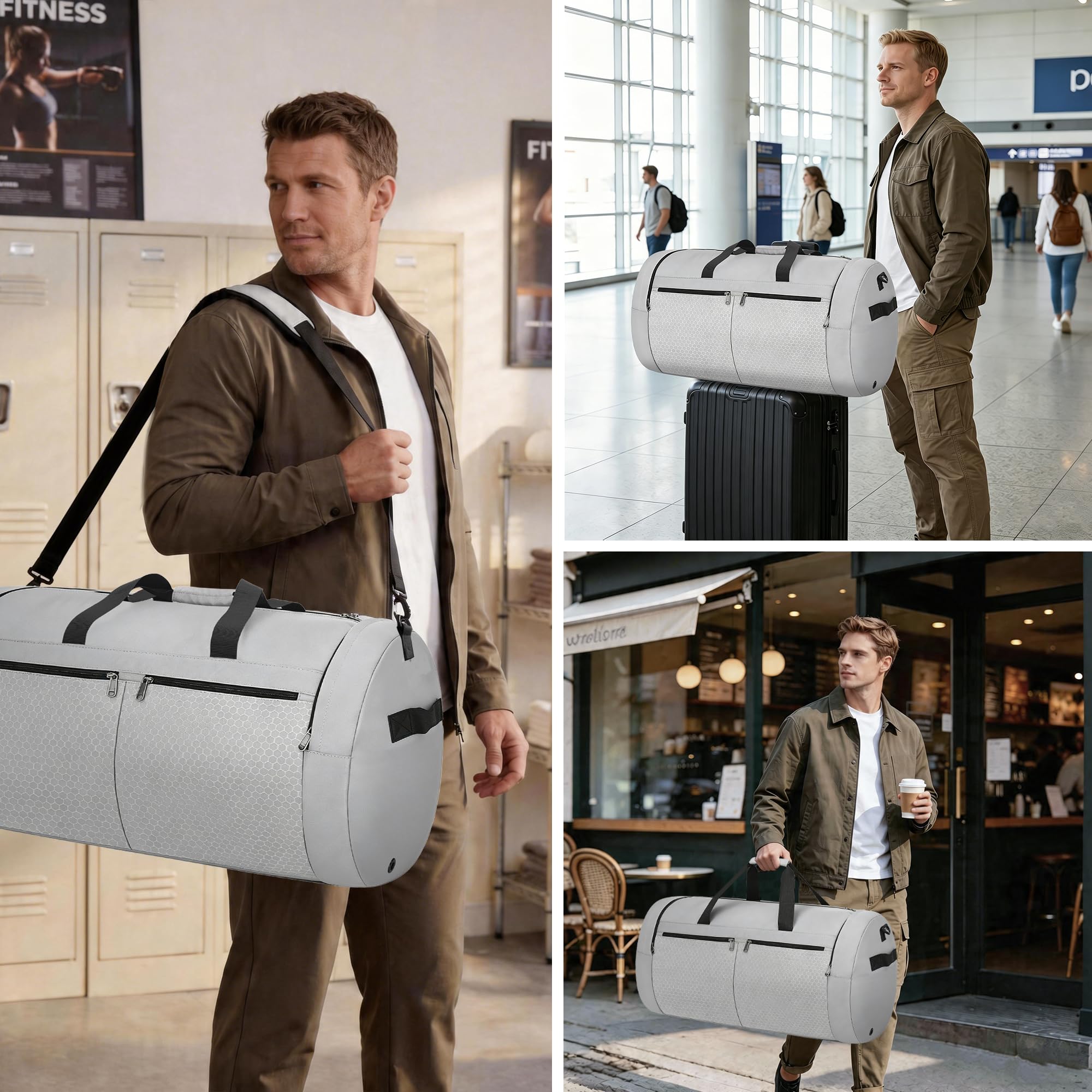 Bolsa de Viaje 120L Ligera y Plegable, Gran Capacidad, Gris Impermeable | Con Compartimento Zapatos Ventilado, Múltiples Bolsillos Portátil para Hombre y Mujer, Ideal para Gimnasio y Viaje