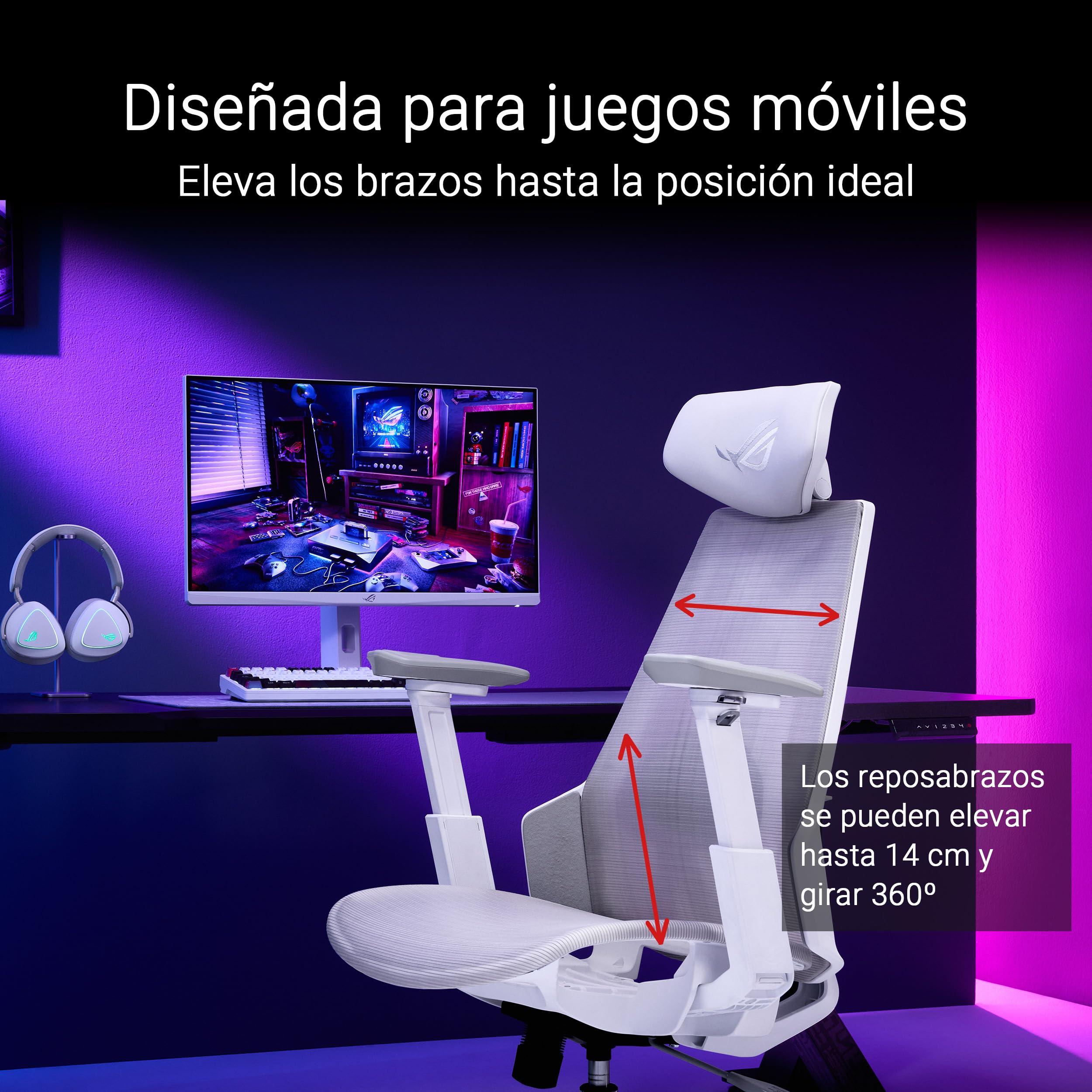 ASUS ROG Destrier Core Silla Gaming ergonómica, reposacabezas 2D, Soporte Lumbar, reposabrazos 3D para Gaming móvil, Profundidad y Altura Ajustables, reclinación en 3 Posiciones, Blanco Lunar