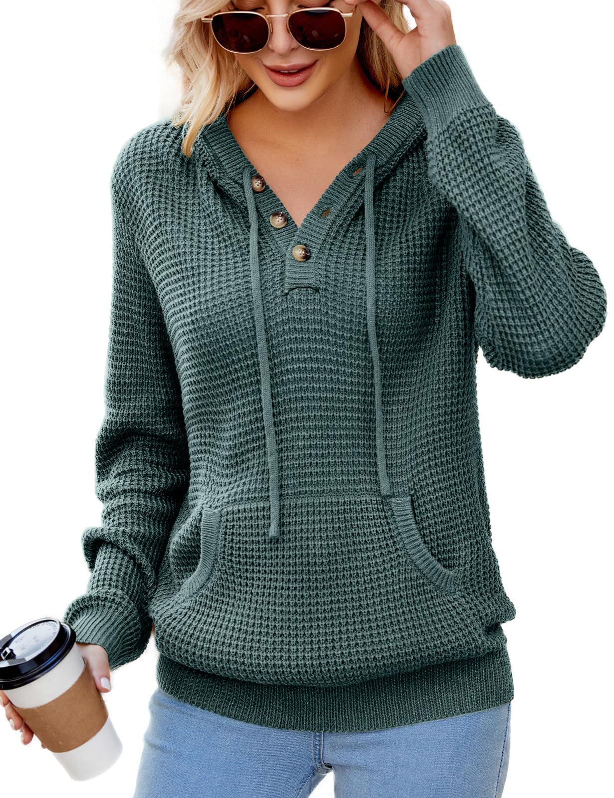 CiCiBird Women's Fall Hoodies Sweater V Neck Waffle Knit Top with Pocket