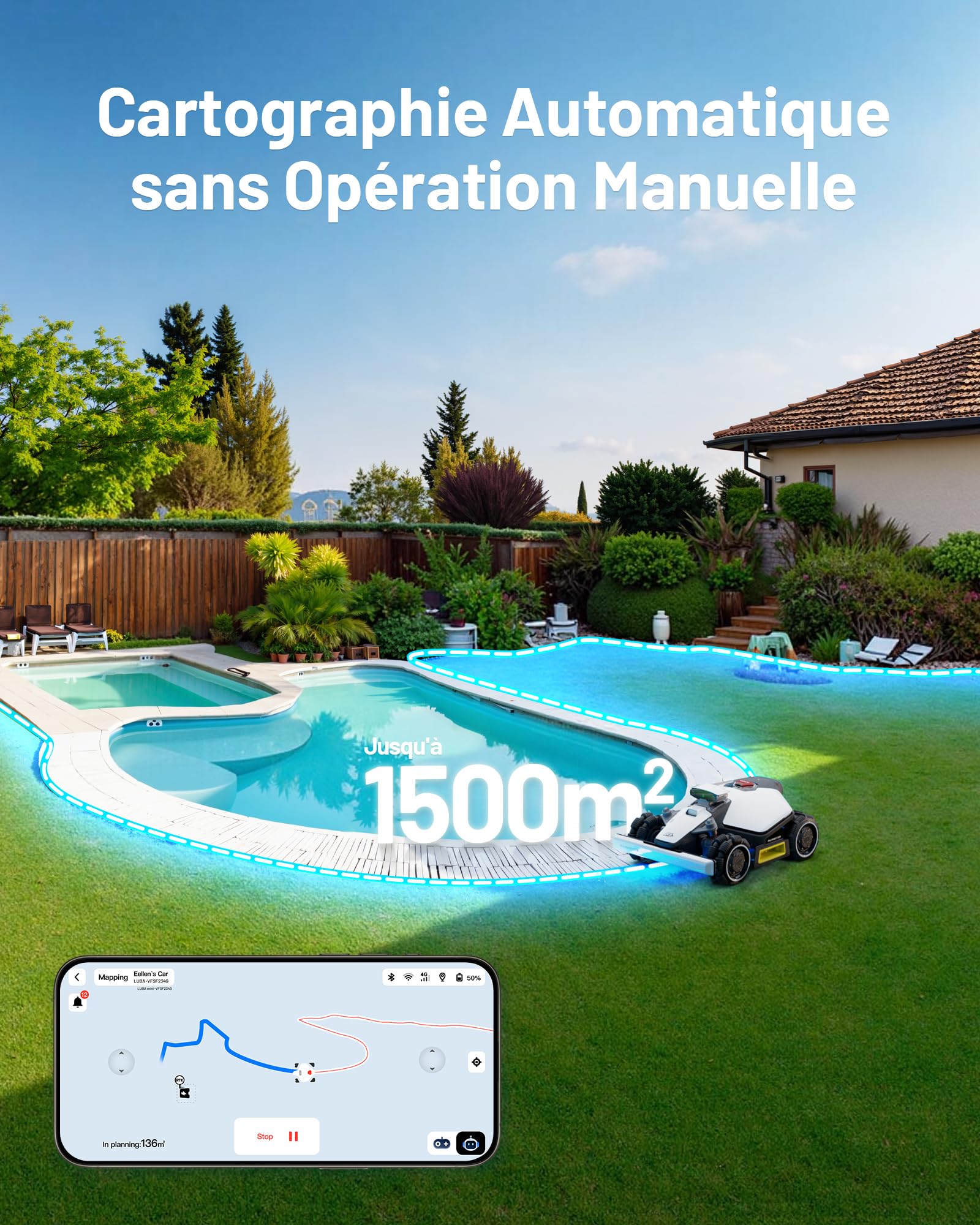 MAMMOTION LUBA Mini AWD 1500 Robot Tondeuse sans Fil Périphérique, NetRTK+Vision, Aucune Antenne RTK Requise, Recommandé 1500m², Max. 1800m², Pentes à 80%, avec Module 4G