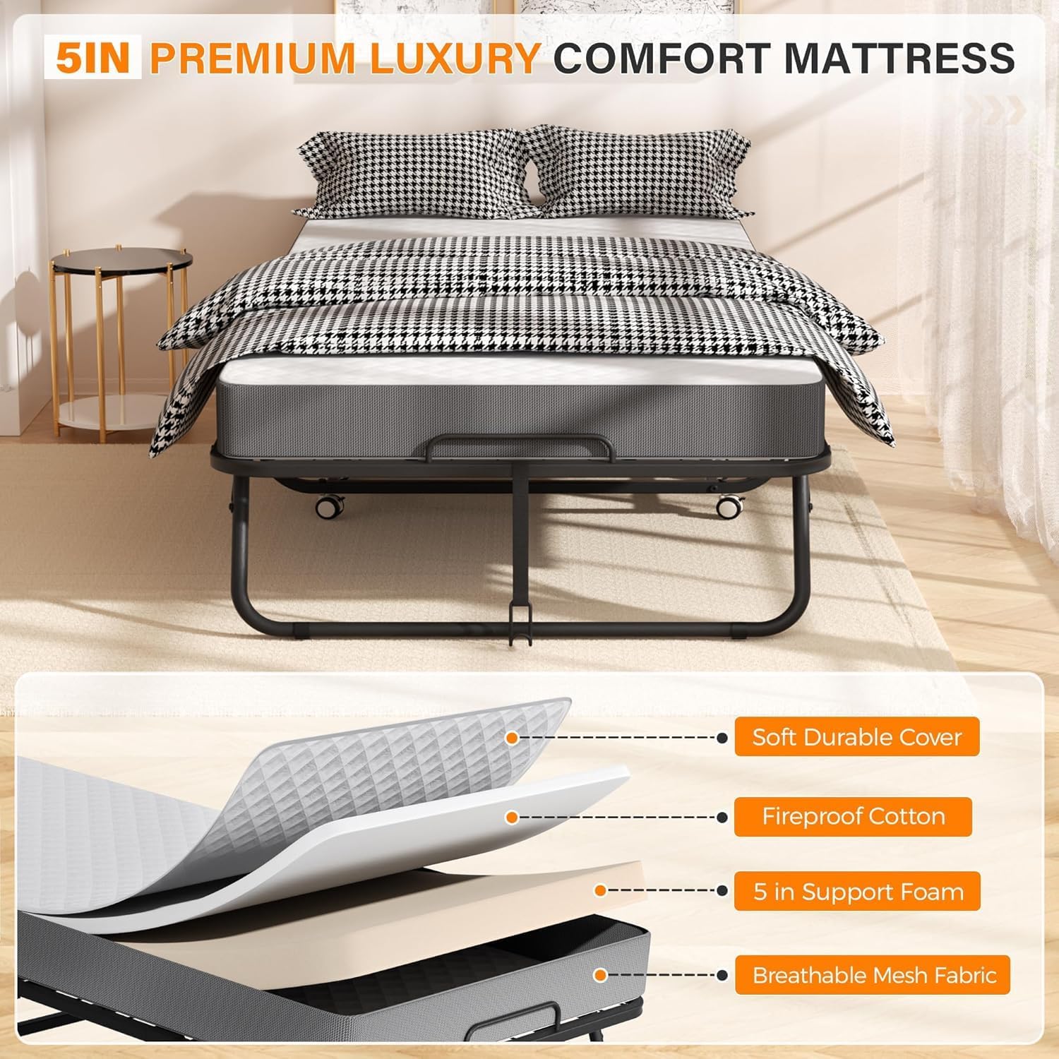 Folding Bed with Mattress, 75” x 38” Portable Rollaway Bed, Space-Saving Sturdy Metal Frame, Fold up Bed with 5" Memory Foam Mattress, Fold Up, Roll Away, Hideaway