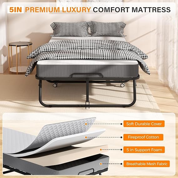 Foldable Single Bed for Adults 75 x 31 Portable Rollaway Cot with 5 Memory Foam Mattress, Sturdy Metal Frame & Wheels Space-Saving Guest Bed