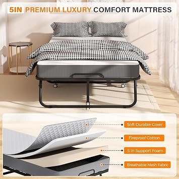 Foldable Single Bed for Adults 75 x 31 Portable Rollaway Cot with 5 Memory Foam Mattress, Sturdy Metal Frame & Wheels Space-Saving Guest Bed