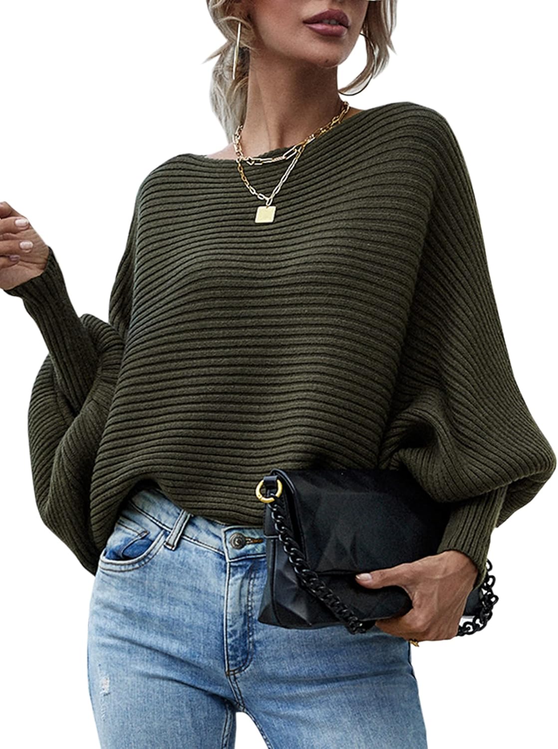 ECOWISH Women Sweater Long Sleeve Color Block Knit Pullover Sweaters Crew Neck Patchwork Casual Loose Jumper Tops