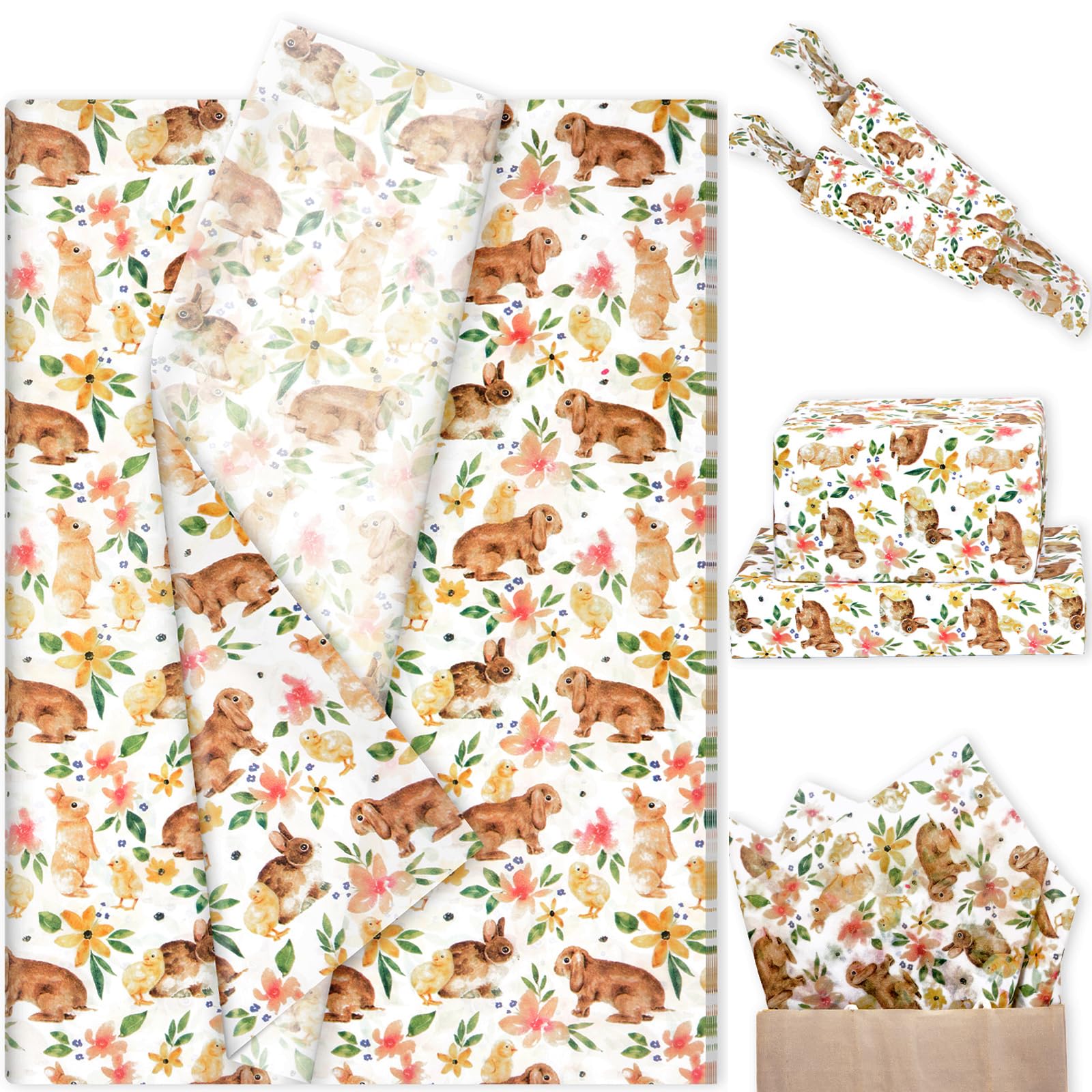 20 Sheets Bunny Flower Tissue Paper, 50 x 35cm Bunny Flower Print Wrapping Tissue for Birthday Gift Wrap Wedding Baby Shower Party Supplies (A22)