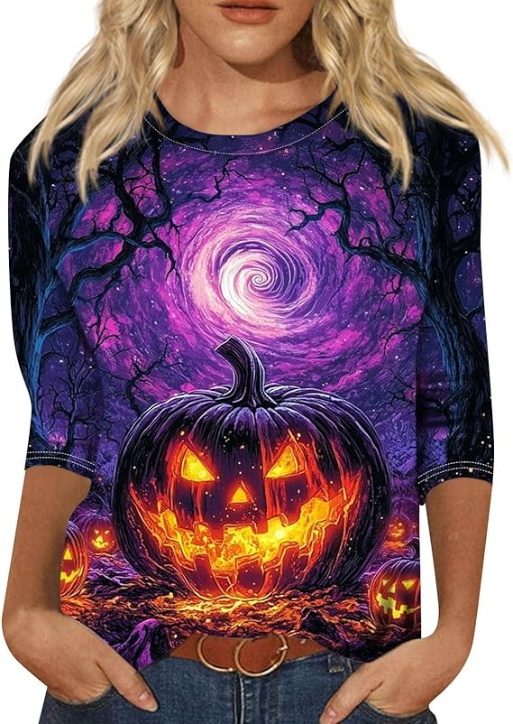 Cute Funny Halloween Shirts for Women Plus Size 3/4 Length Long Sleeve Womens Tops Witch Gothic Renaissance Shirt