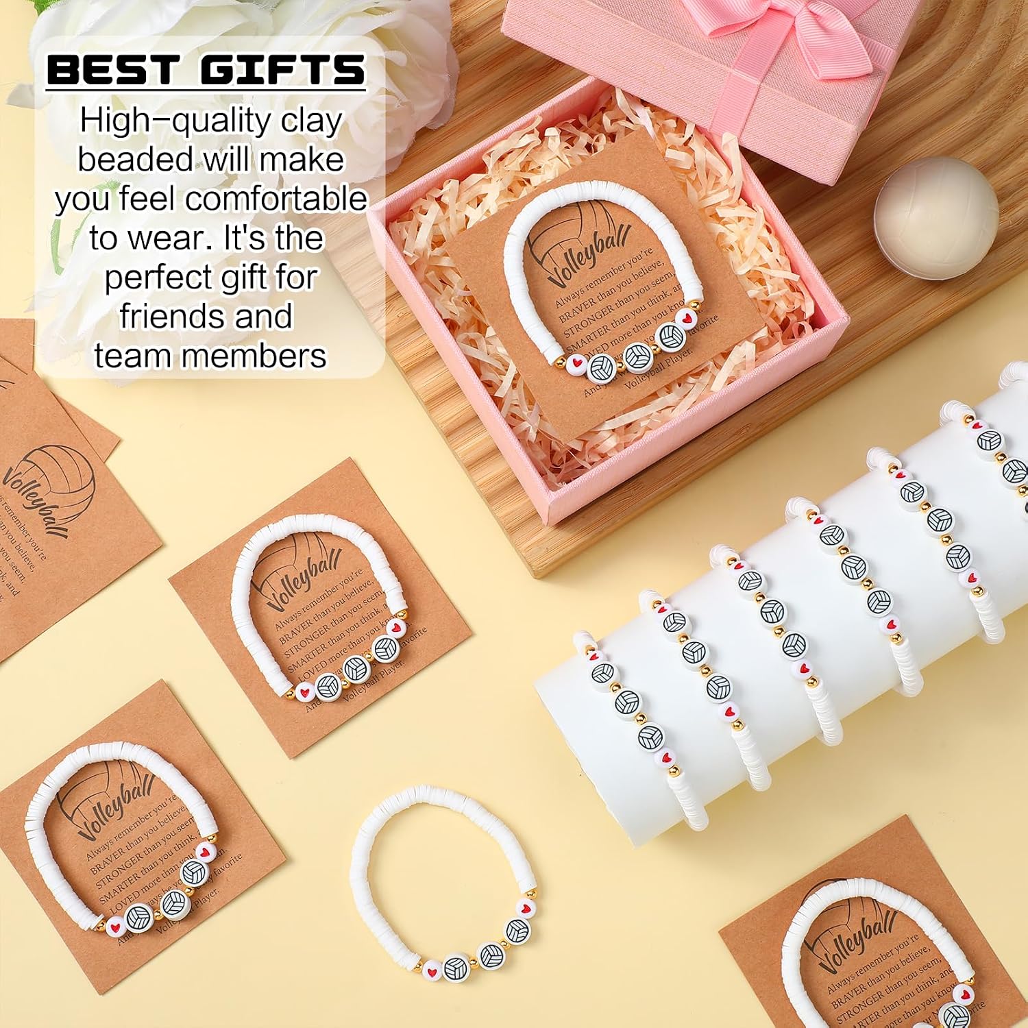 Ecation 20 Set Volleyball Team Gift Bracelets Bead Ball Bracelet Bulk Adjustable Charm Bracelets with Inspirational Card Sport Party Favor Charms for Volleyball Team Players